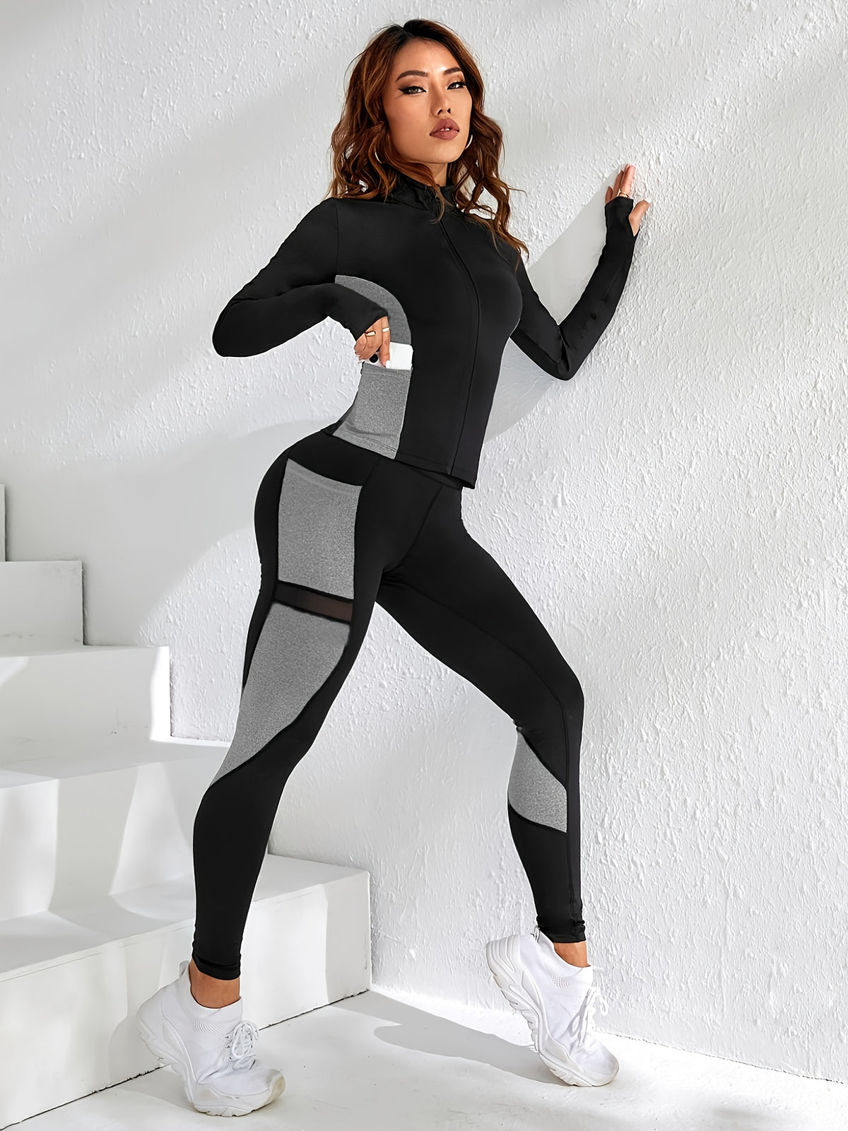 Stand Collar Zip Pocket Top & Mesh Pants Set - Black & Grey
