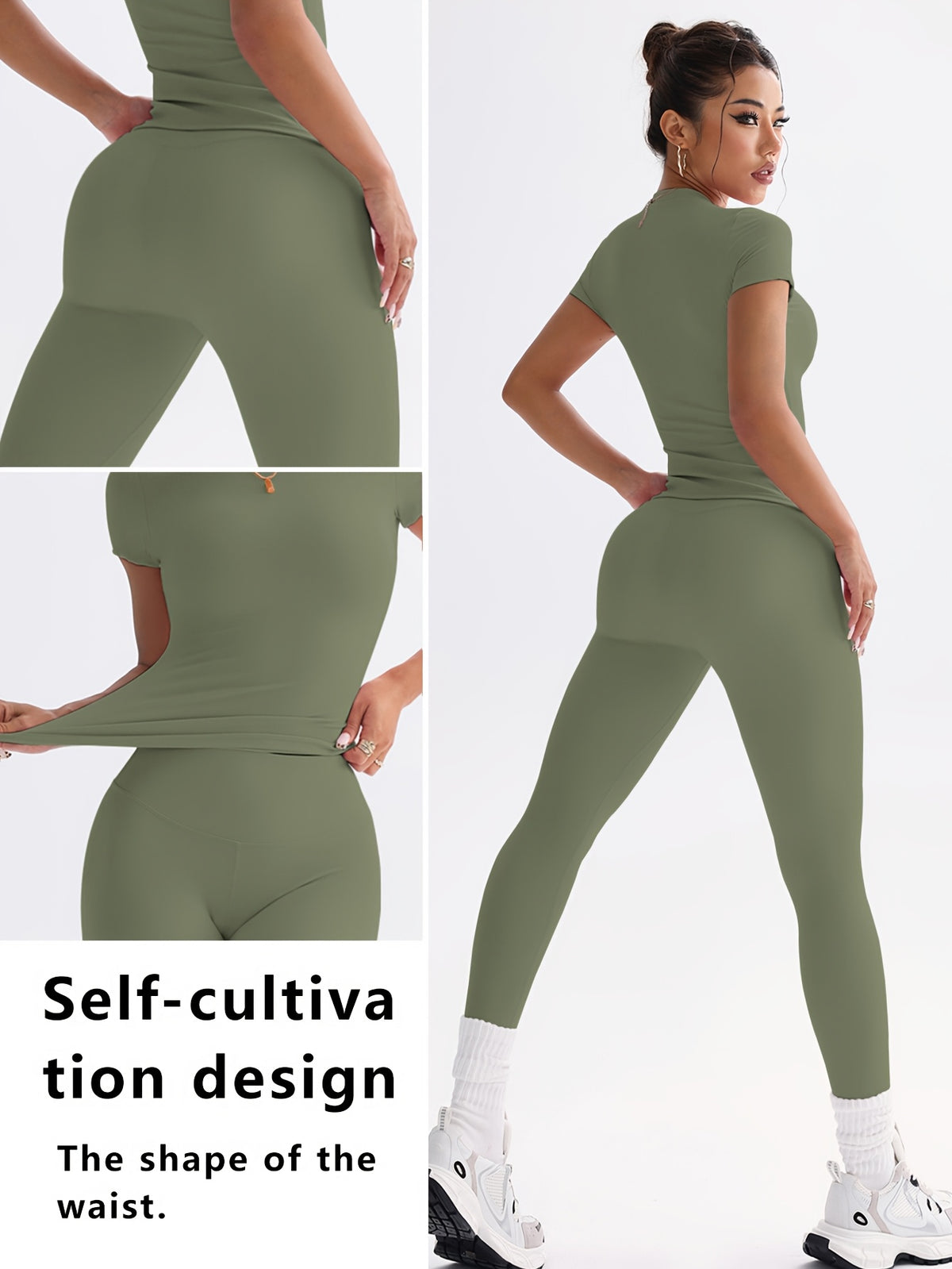 Cropped Tee & Leggings Set - Dark Green