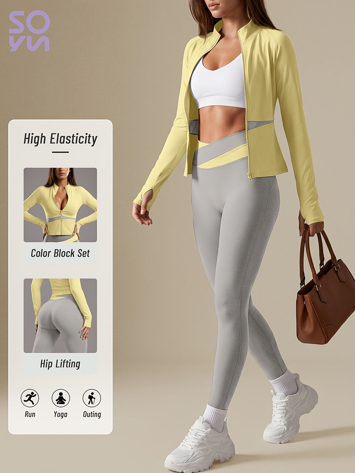 Color Block Cardigan Jacket & Slim Pants Set - Yellow & Light Grey