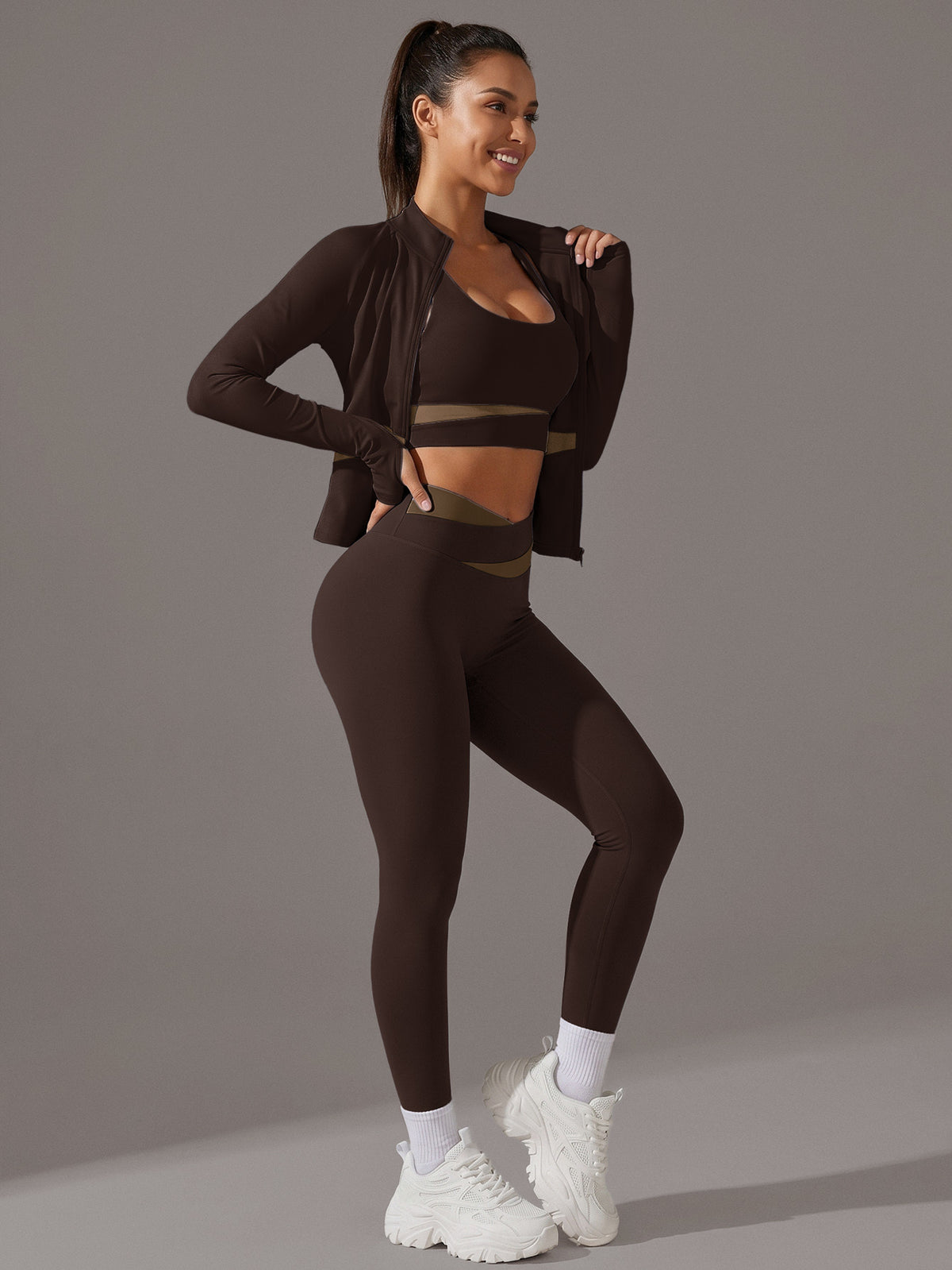 Colour Block Thumbhole Jacket 3 Piece Set - Coffee