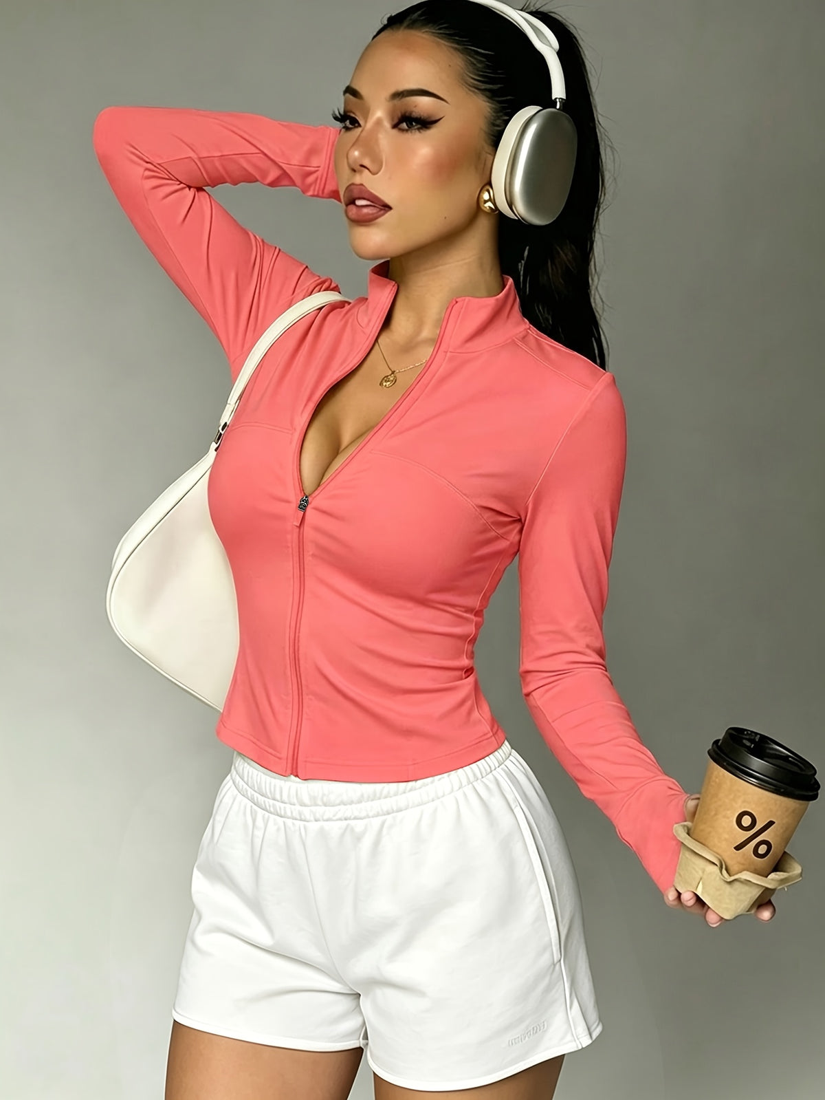 Slim Fit Stand Collar Zip Jacket - Coral