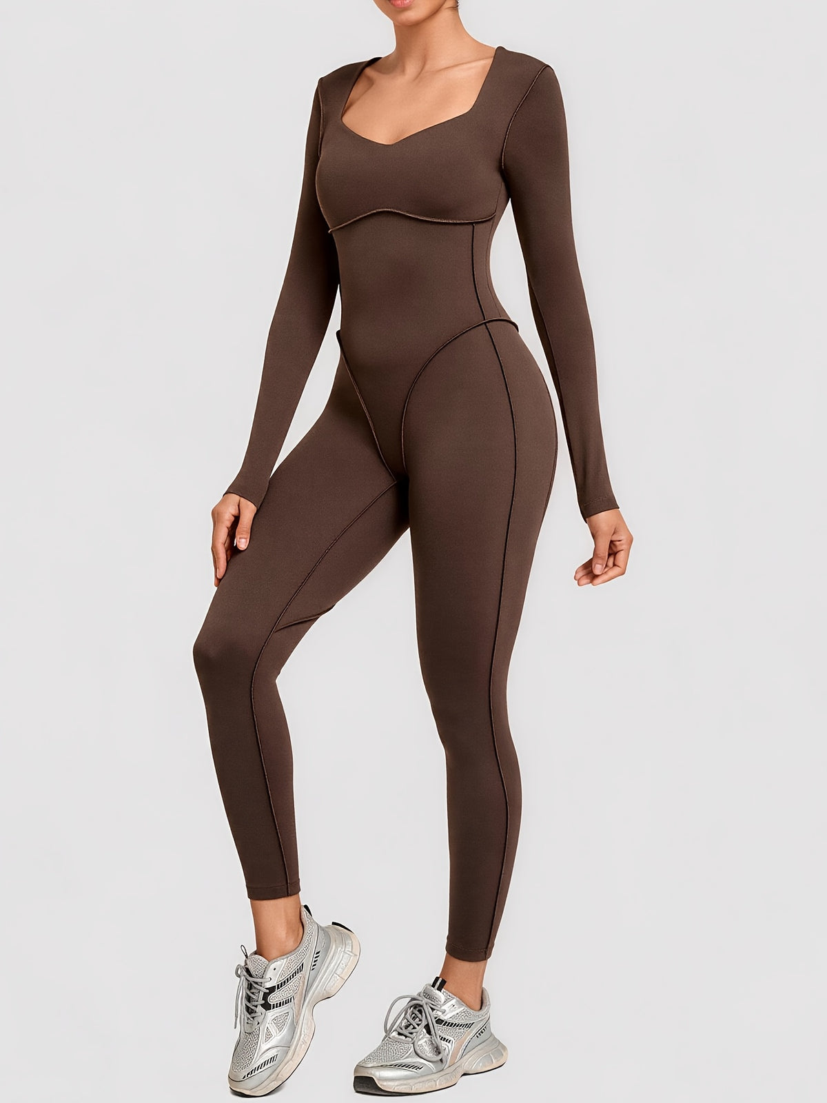 Long Sleeve Padded Jumpsuit - Coffee