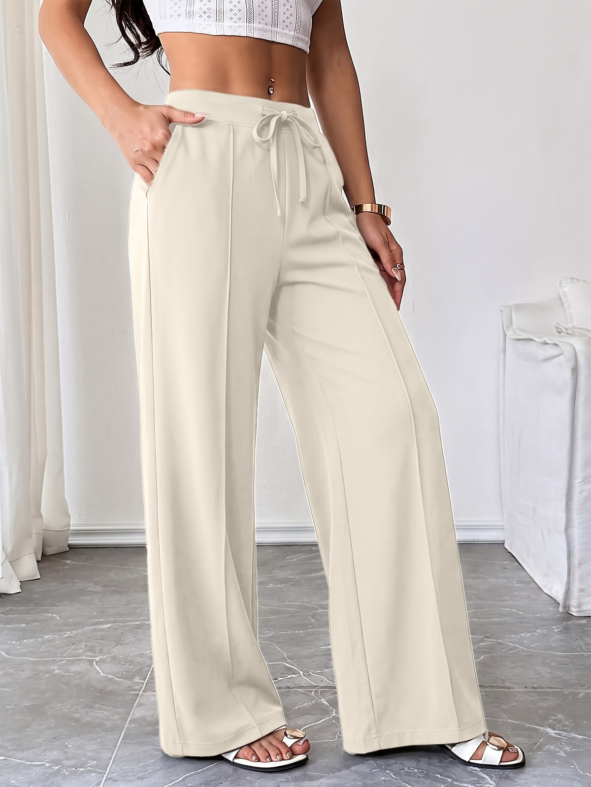 Drawstring Flowy Wide Leg Pants - Milky