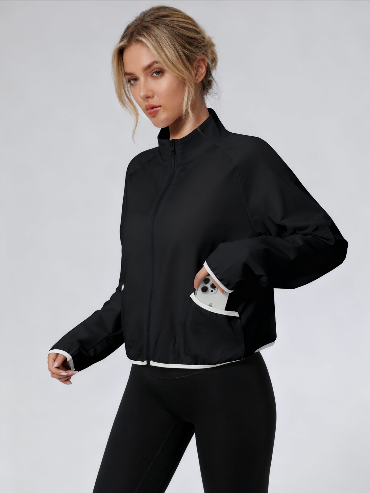 Contrast Trim Stand Collar Windbreaker - Black