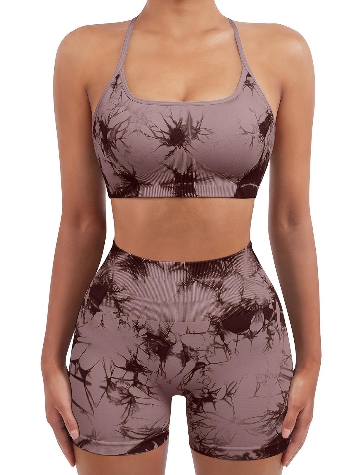 Seamless Thin Strap Bra & Shorts Set - Pink Tie Dye