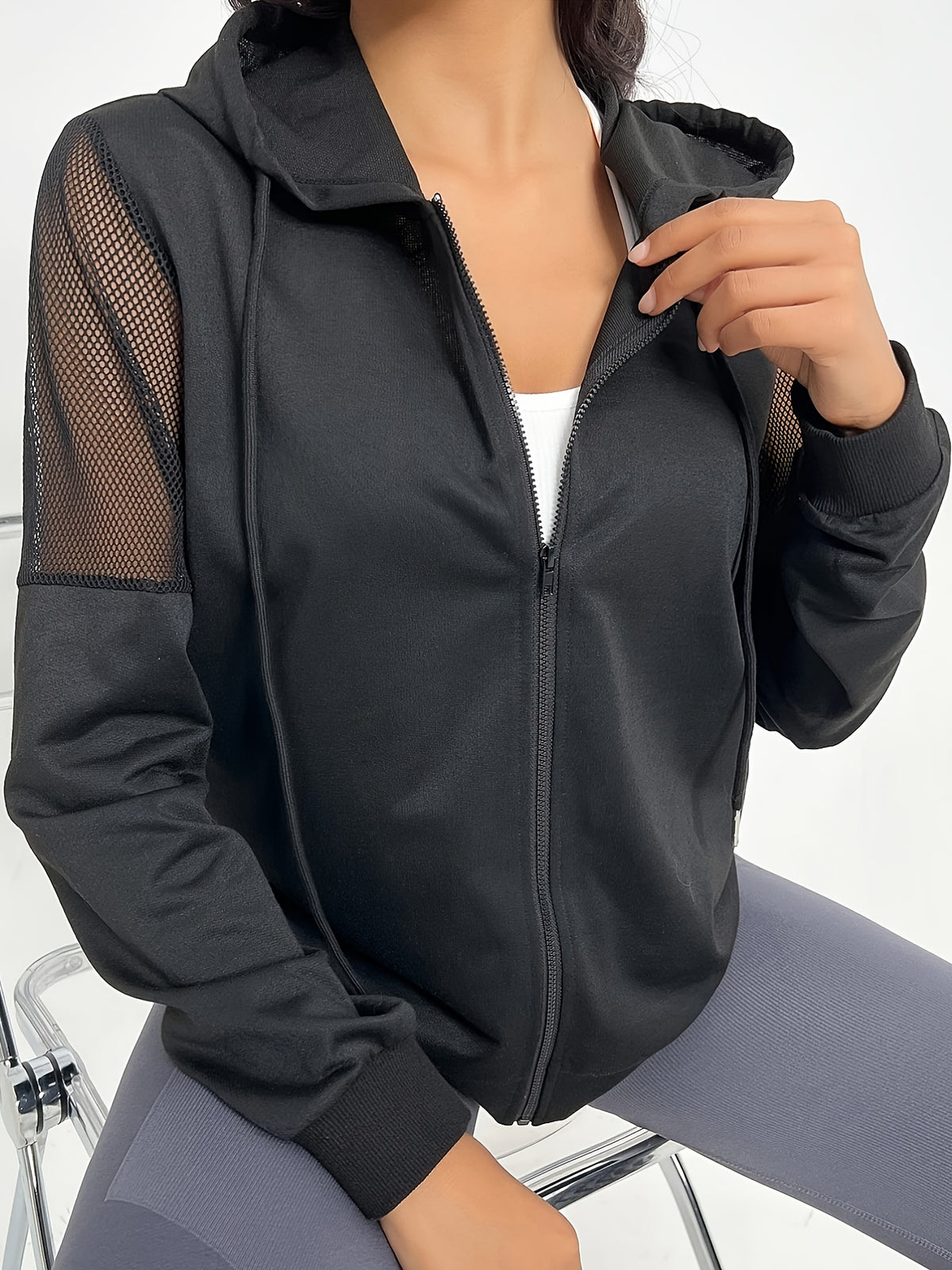 Mesh Splice Ribbed Cuff Hoodie - Black