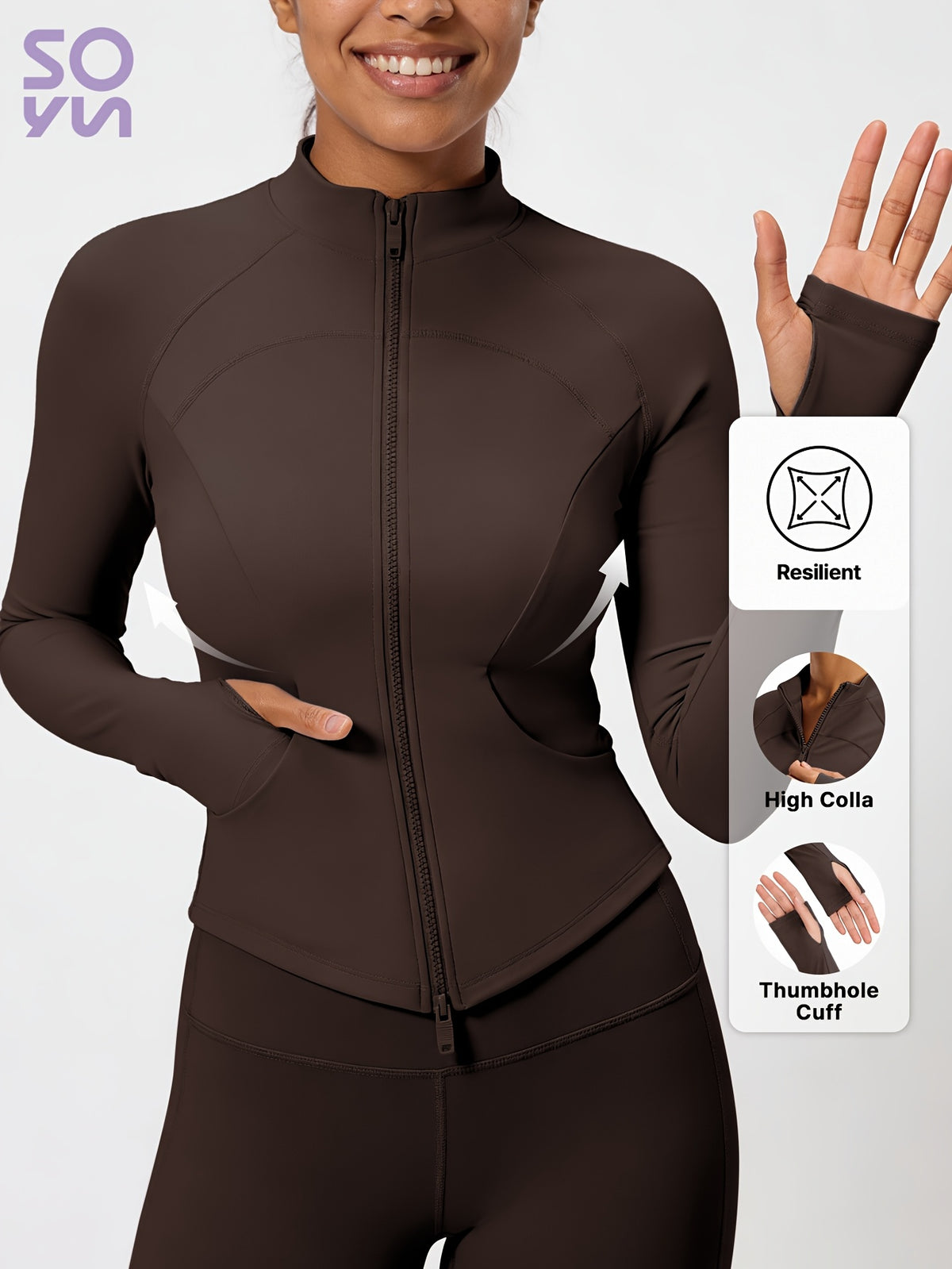 Pocket Solid Running Sports Jacket - Coffee