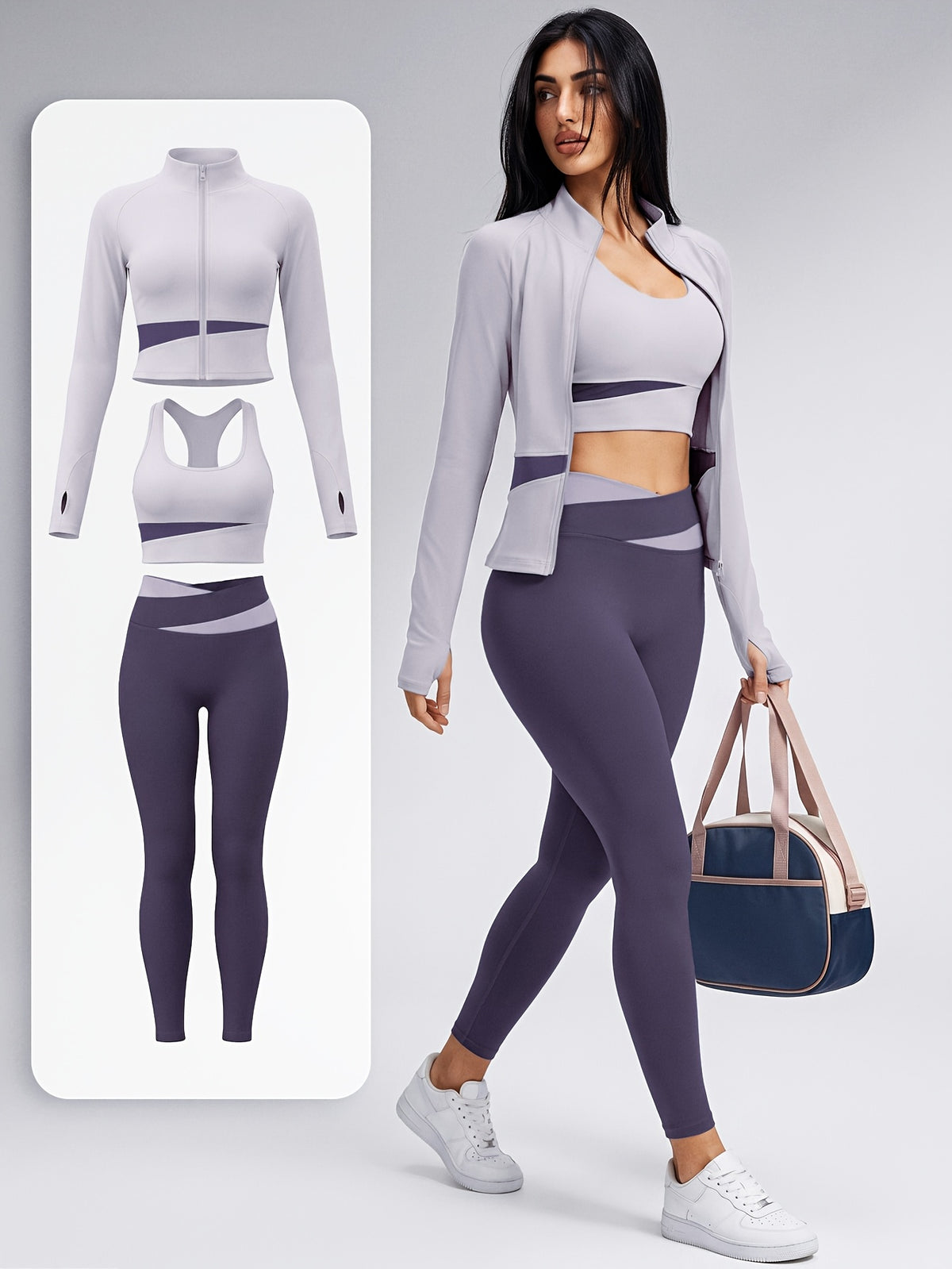 Colour Block Thumbhole Jacket 3 Piece Set - Light Purple & Purple