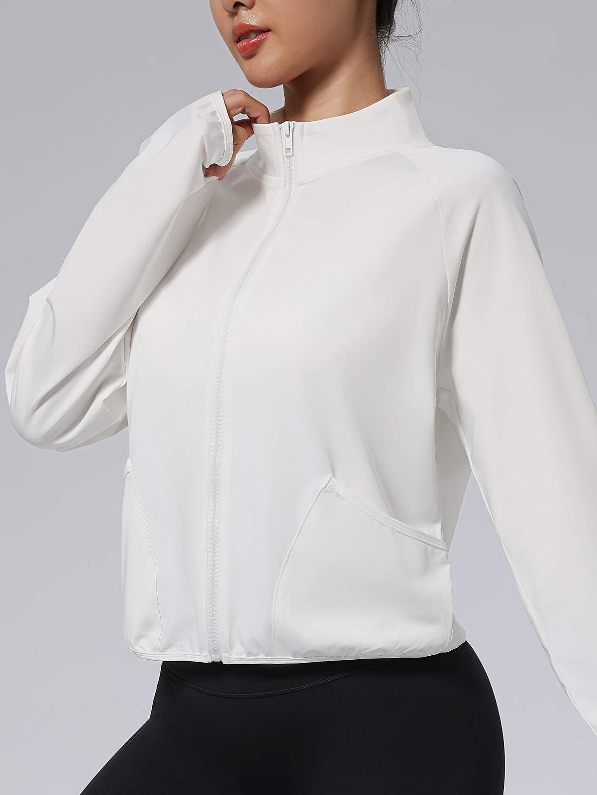 Short Stand Collar Pocket Zip Jacket - White
