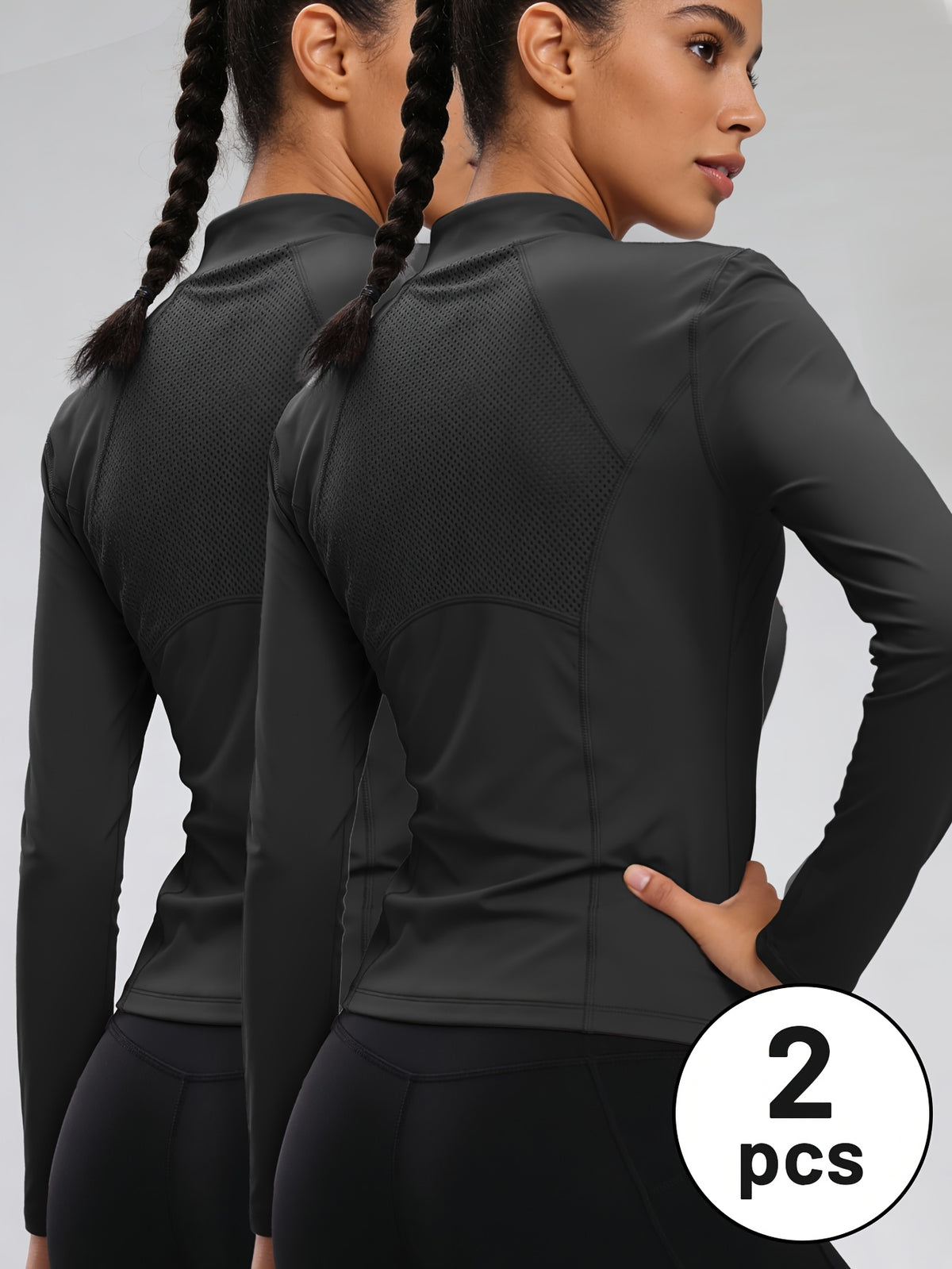 2 Pack Half Zip Mesh Back Tops - Black