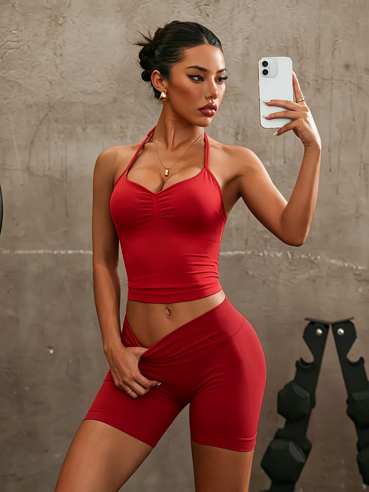 Backless Halter Top & Sport Shorts Set - Brick Red