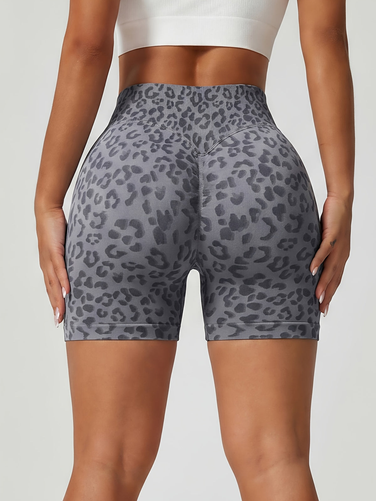Leopard Seamless Ribbed Biker Shorts - Grey