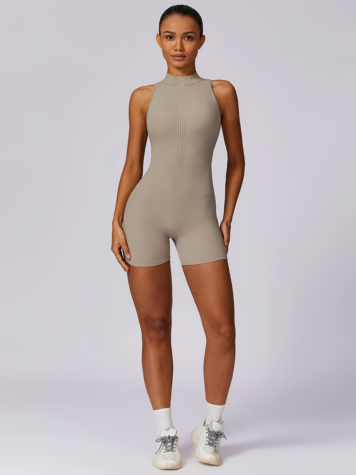 Zip Front Short Yoga Jumpsuit - Khaki
