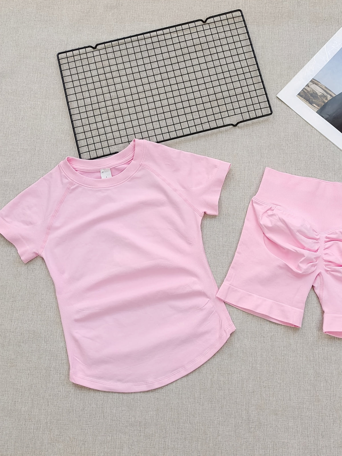 Short Sleeve Tee & Butt Lift Shorts Set - Hot Pink