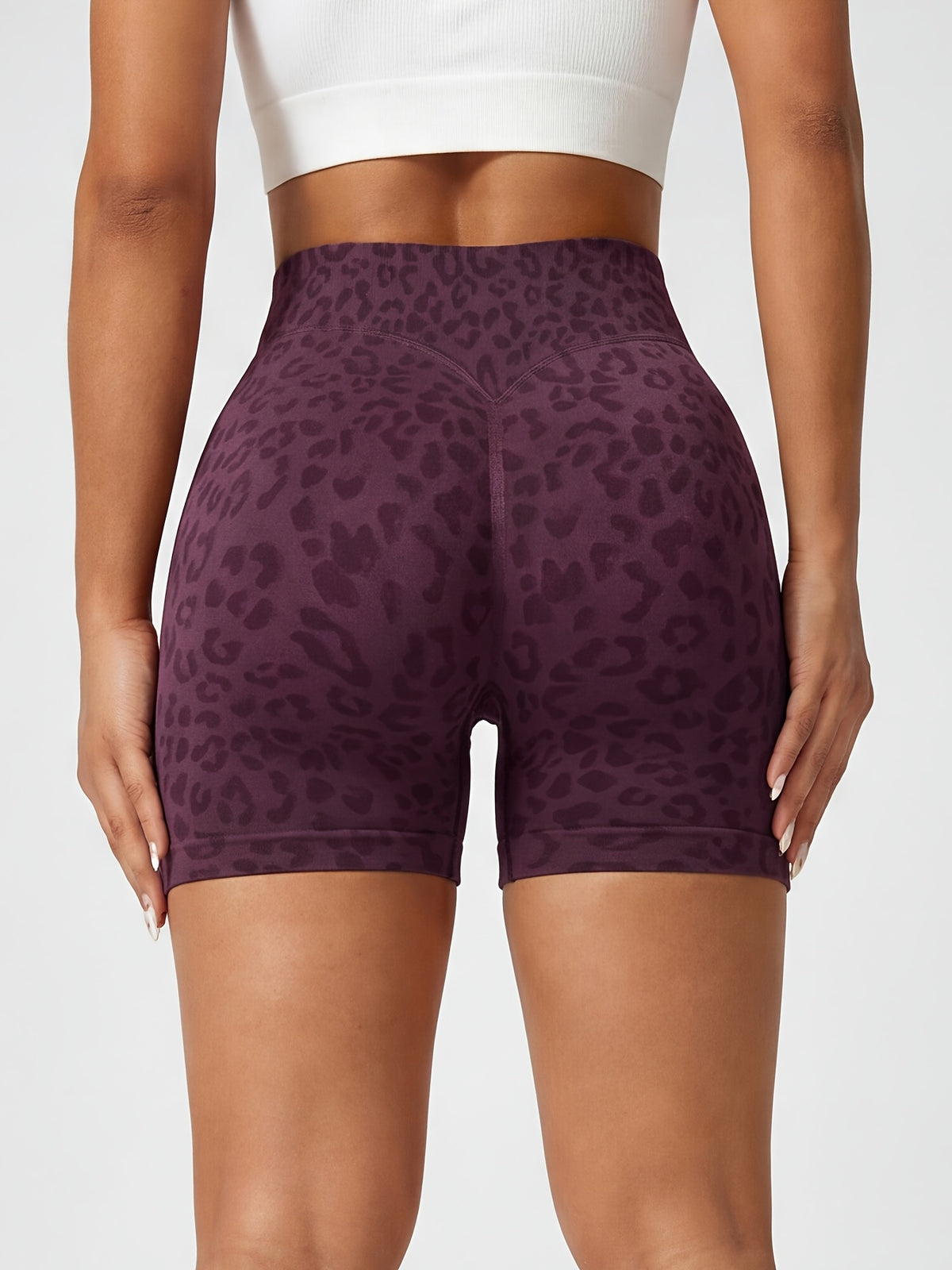 Leopard Seamless Ribbed Biker Shorts - Plum