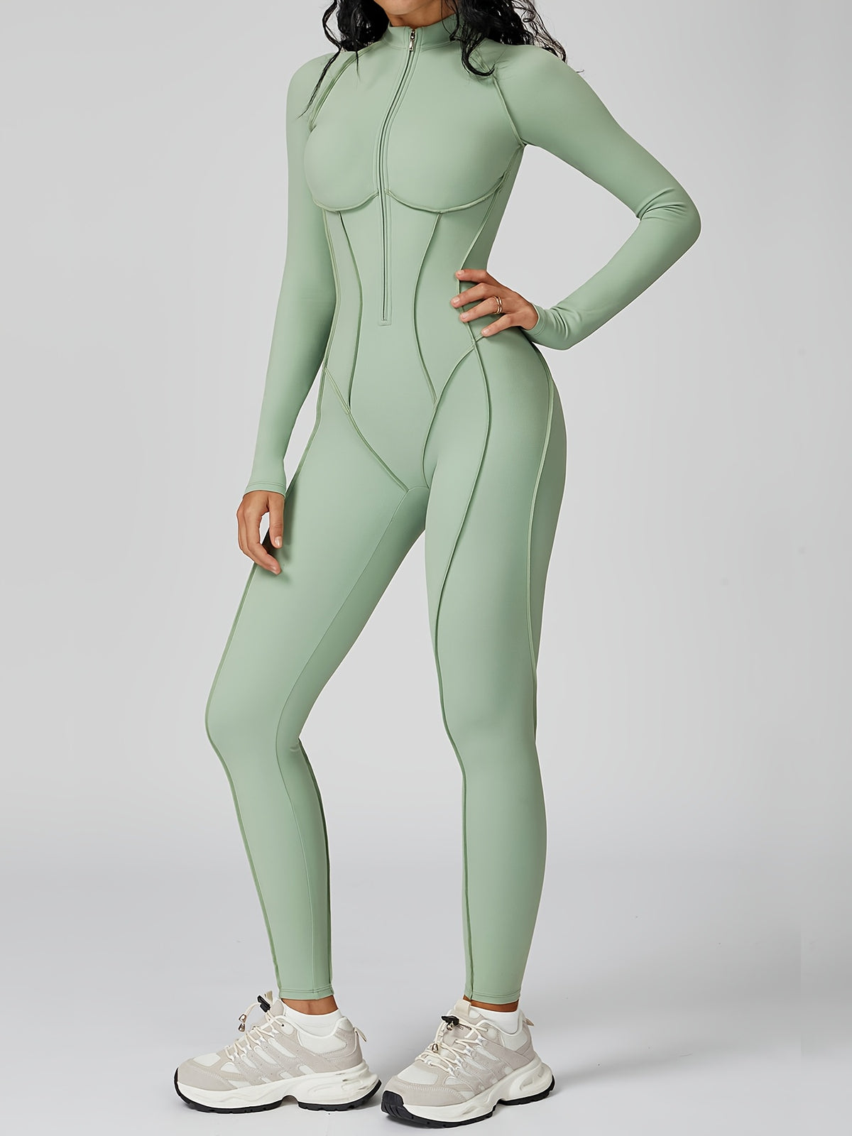 Half Zip Long Sleeve Jumpsuit - Stone Green