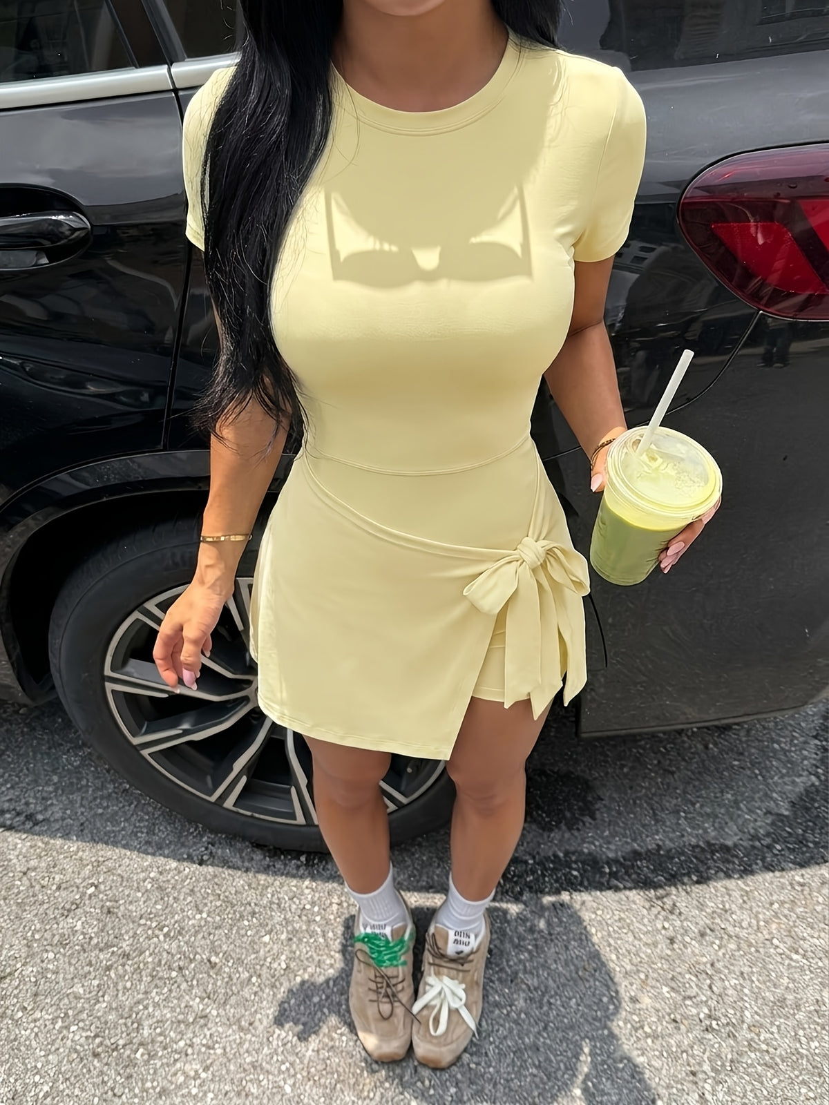 Side Bow Short Sleeve Dress - Light Yellow