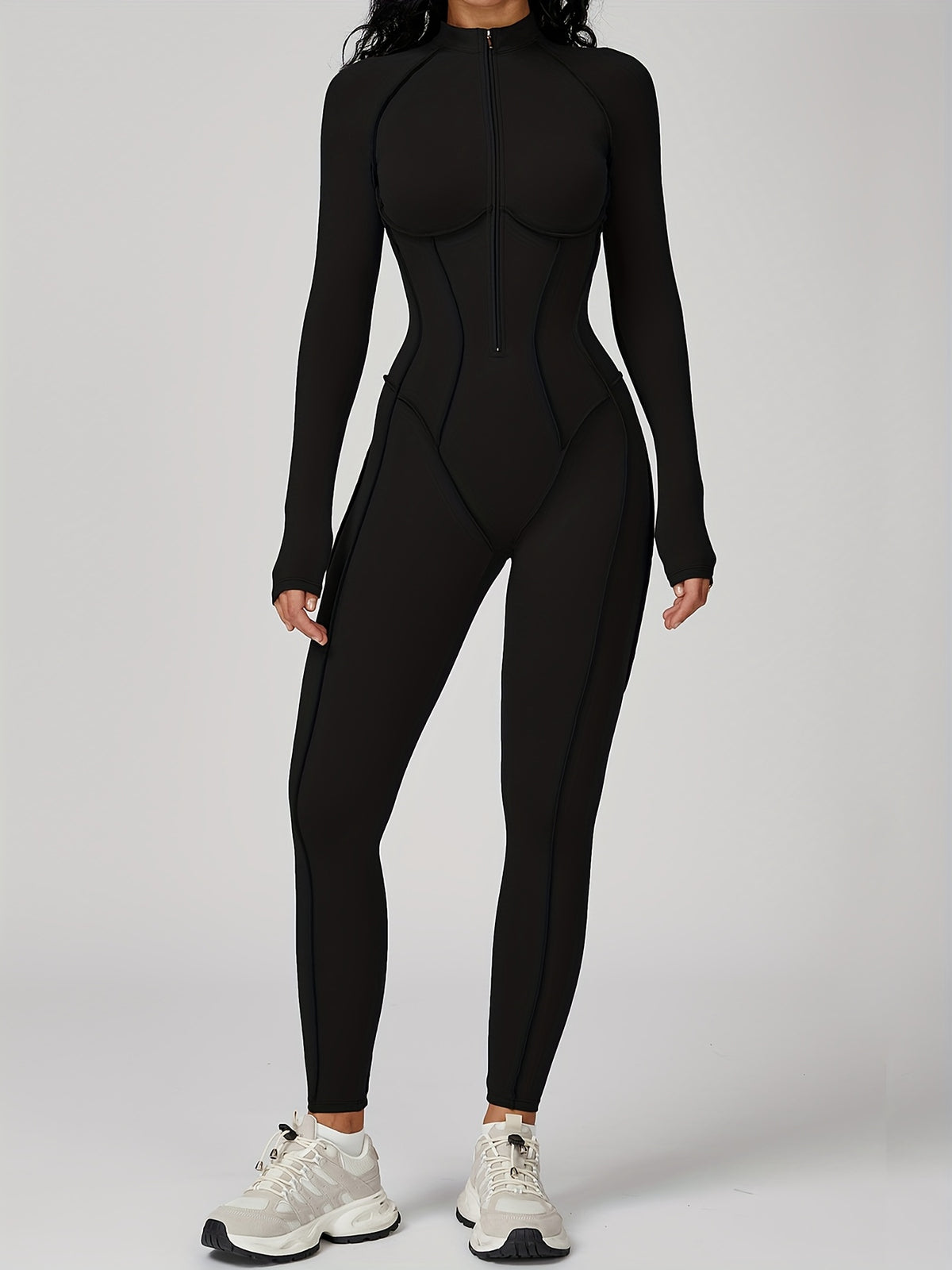 Half Zip Long Sleeve Jumpsuit - Black