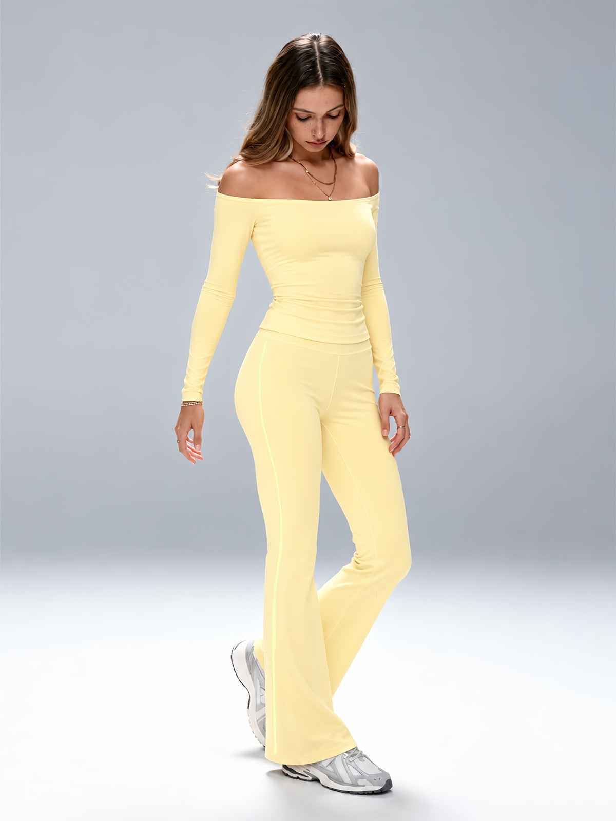 Off-Shoulder Top & Flared Joggers Set - Cream Yellow
