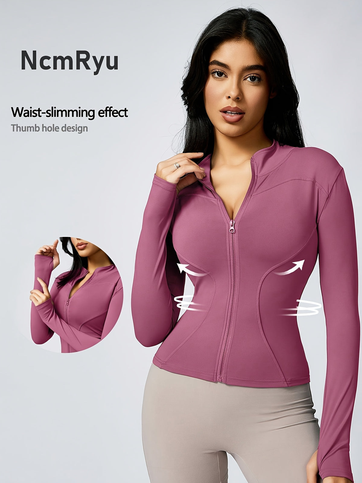 Stand Collar Thumbhole Zip Top - Rose