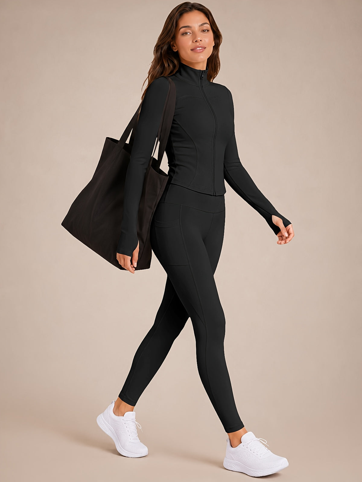 Stand Collar Jacket & Leggings Set - Black