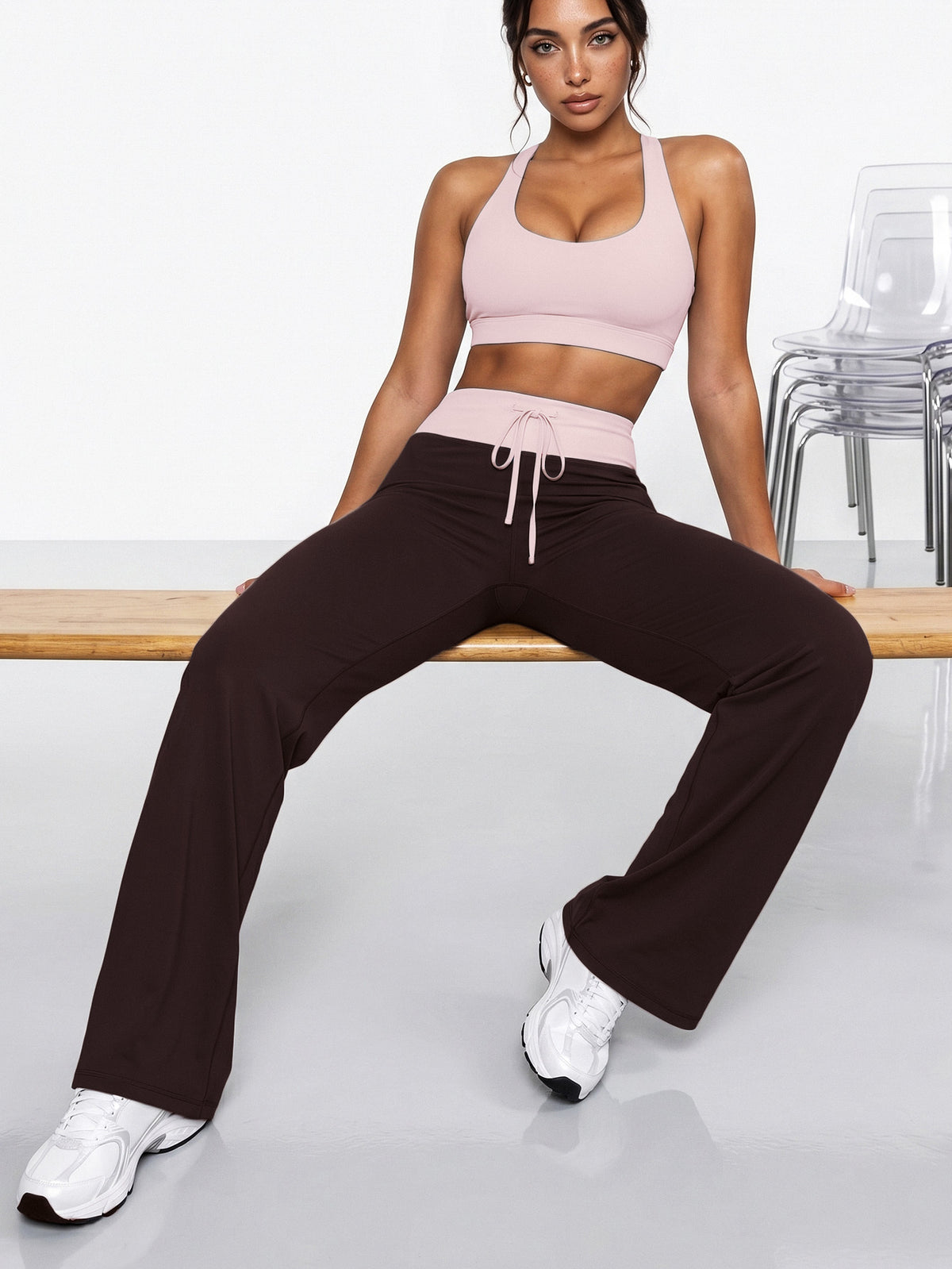 Colour Block Wide Leg Pants - Coffee