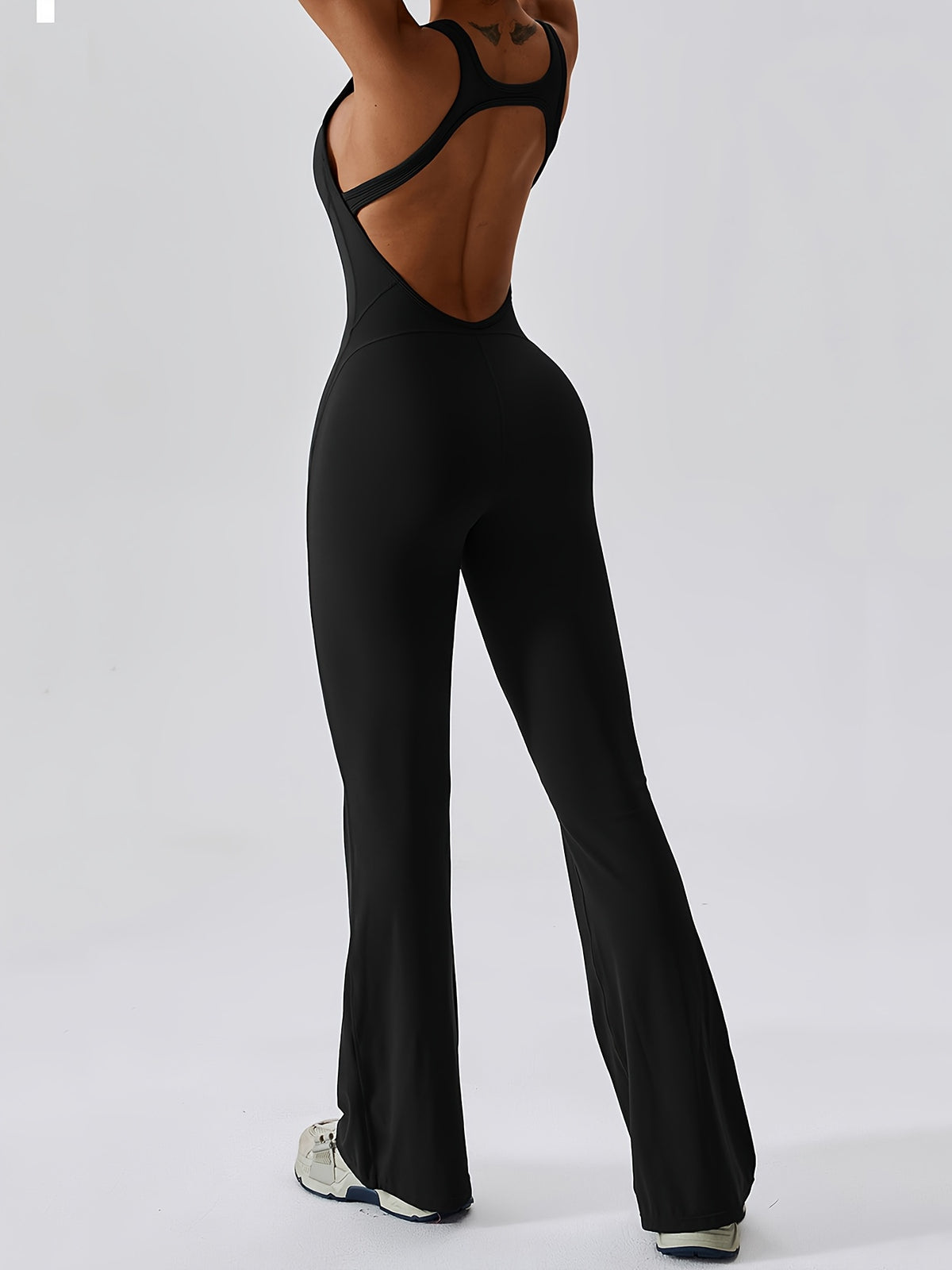 Open Back Padded Flare Jumpsuit - Black