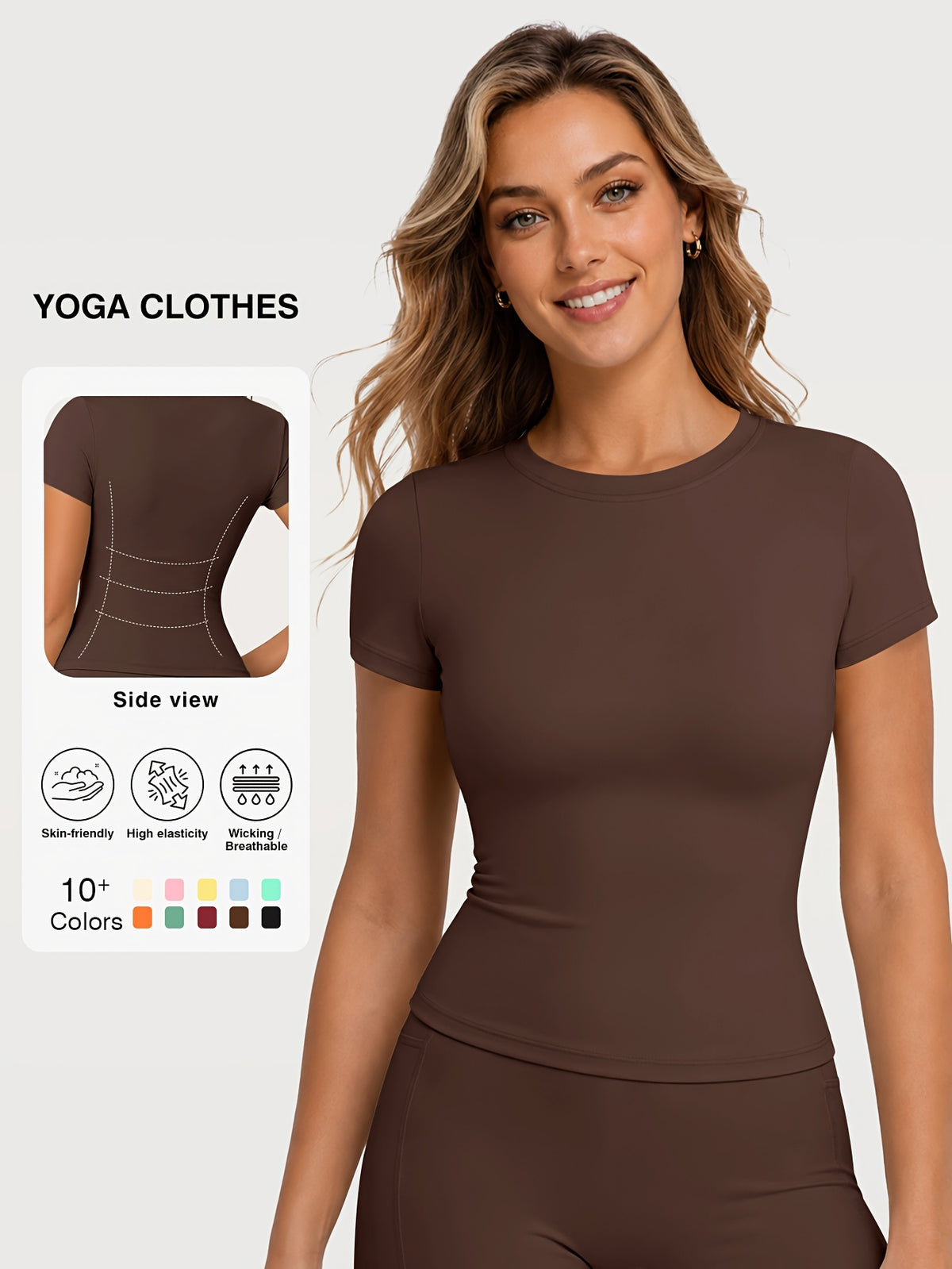 Quick Dry Crew Neck Yoga Tee - Coffee Brown