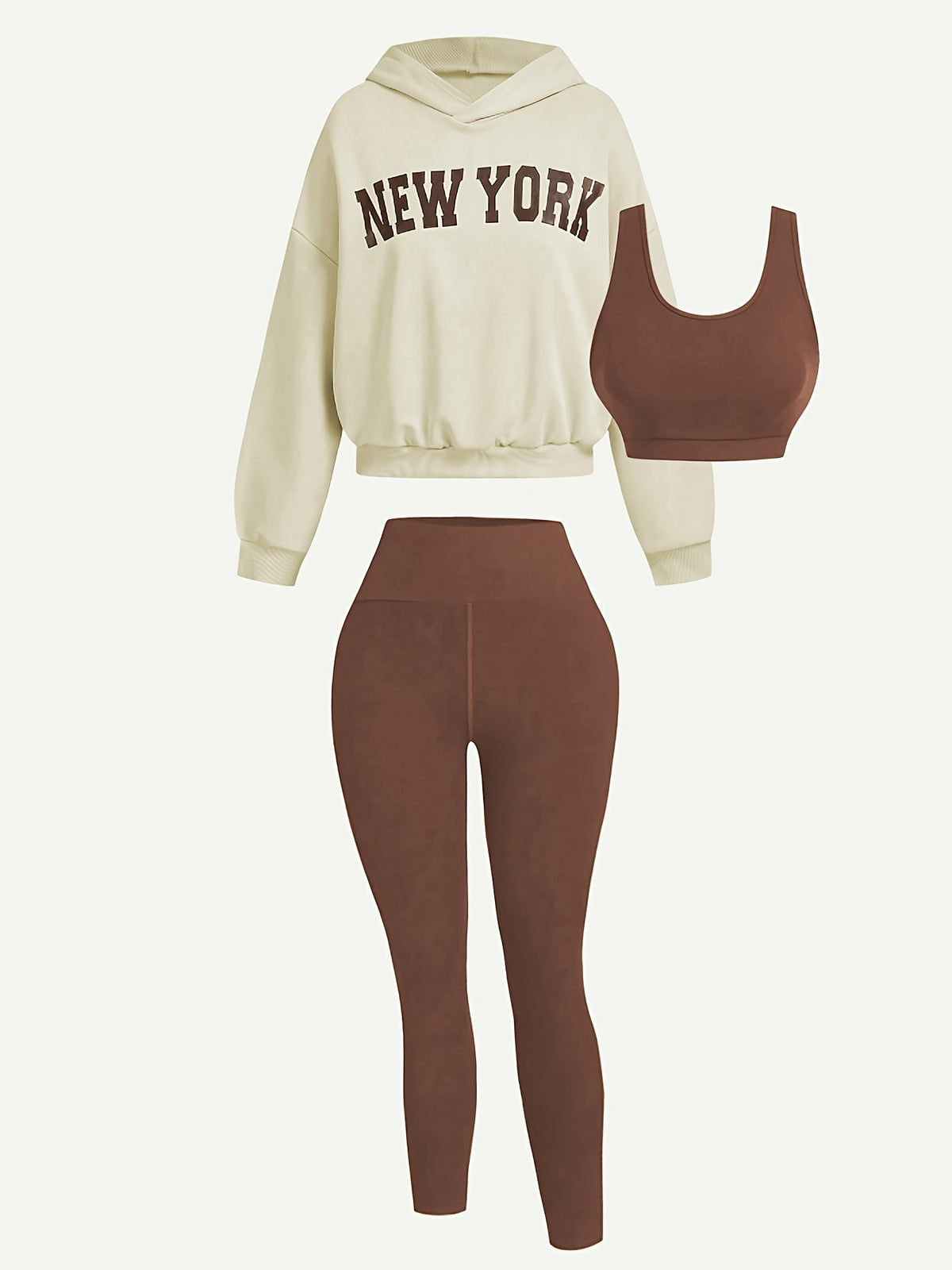 New York Hoodie, Bra & Leggings 3 Piece Set - Beige & Brown