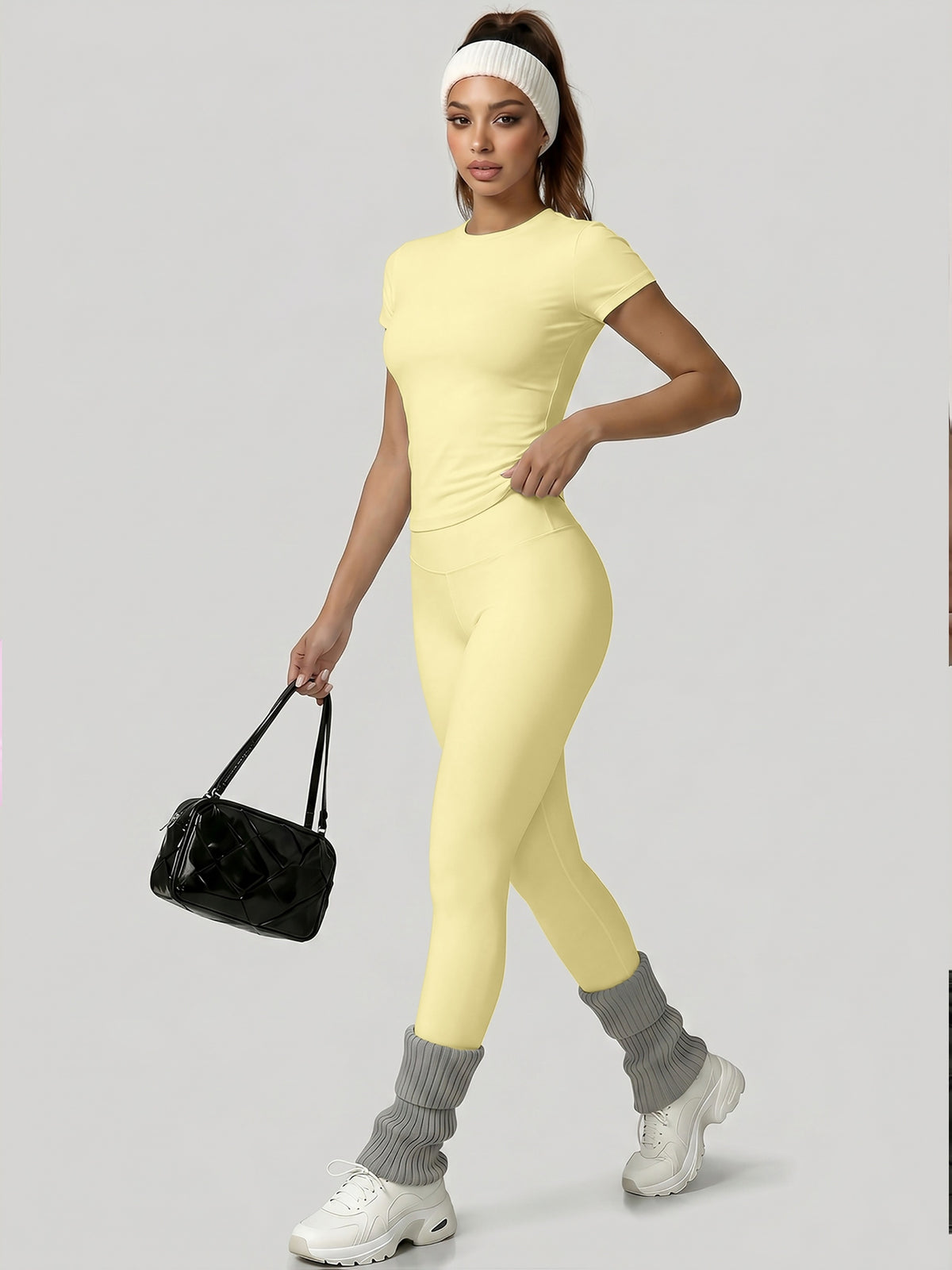 Round Neck Top & Tummy Tuck Leggings Set - Yellow