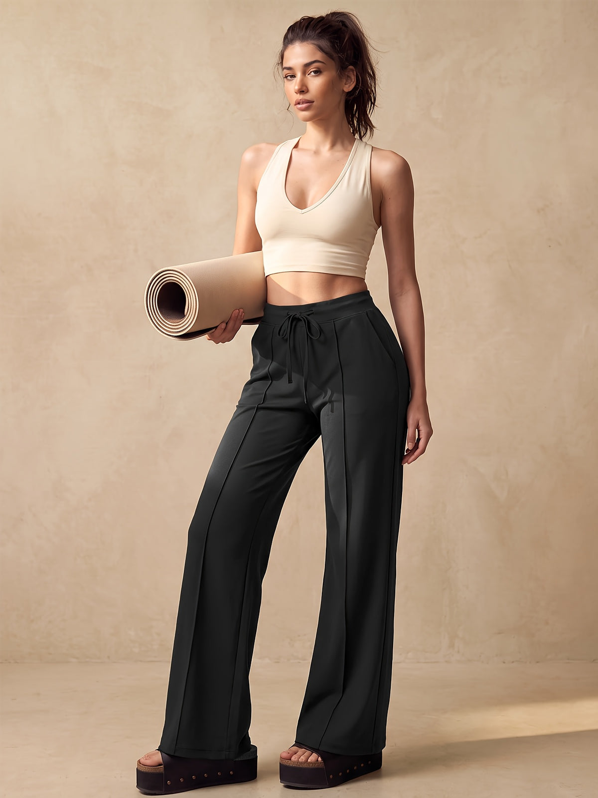 Drawstring Wide Leg Pocket Yoga Pants - Black