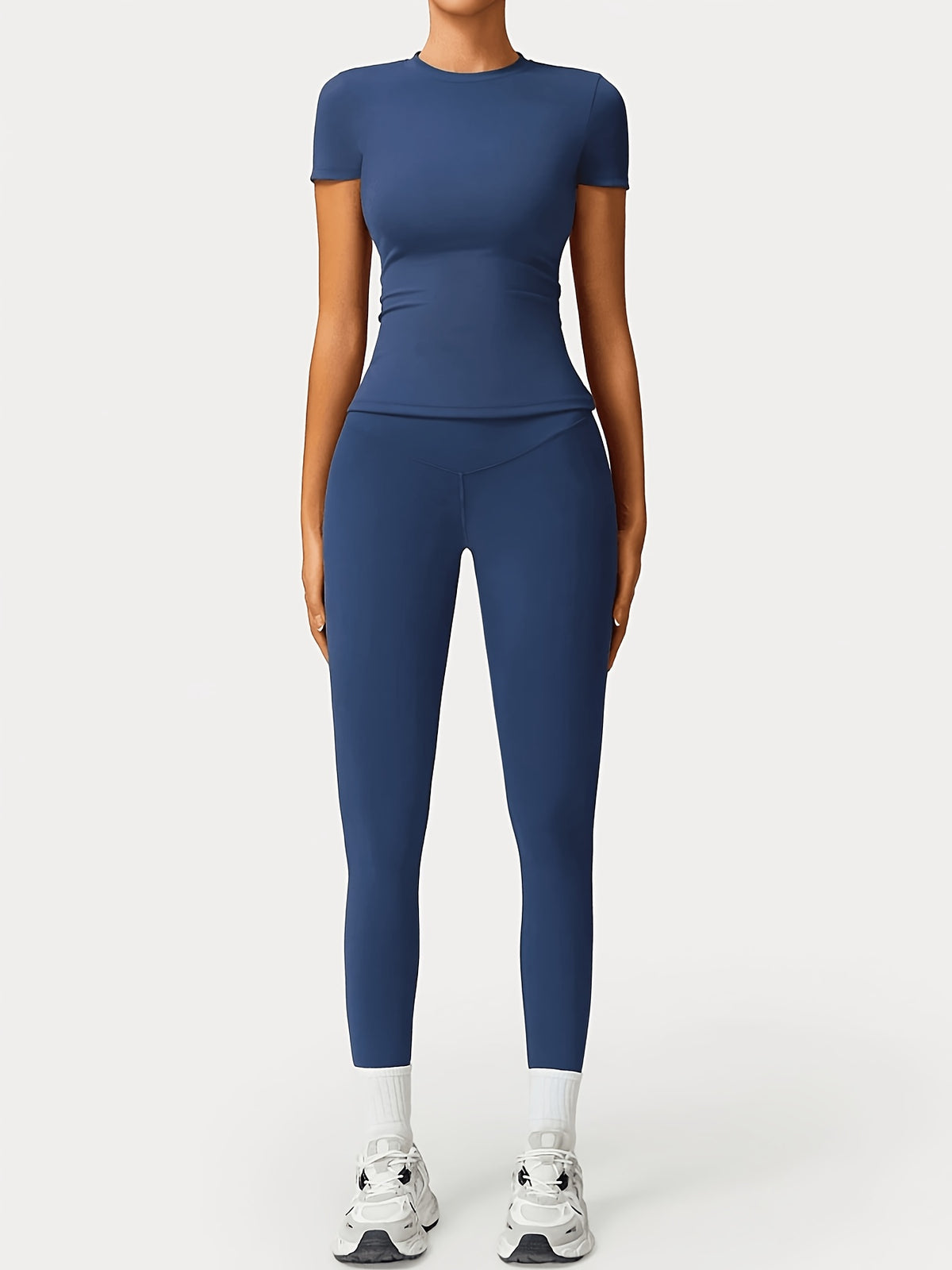 Slim Round Neck Top & Lifting Leggings Set - Navy