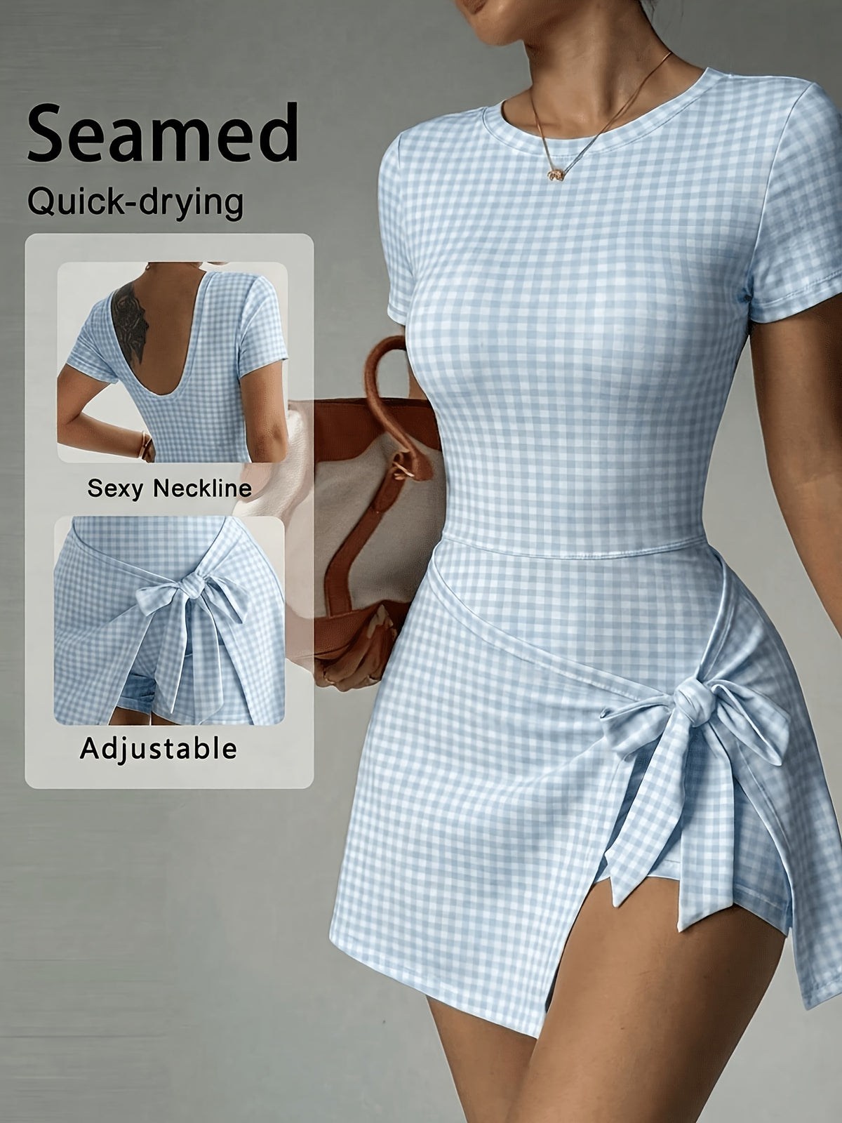 Plaid Bow Back Athletic Dress - Blue Plaid