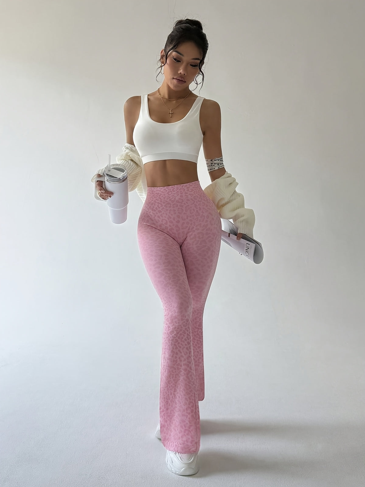 Leopard Ribbed Flare Pants - Pink Red
