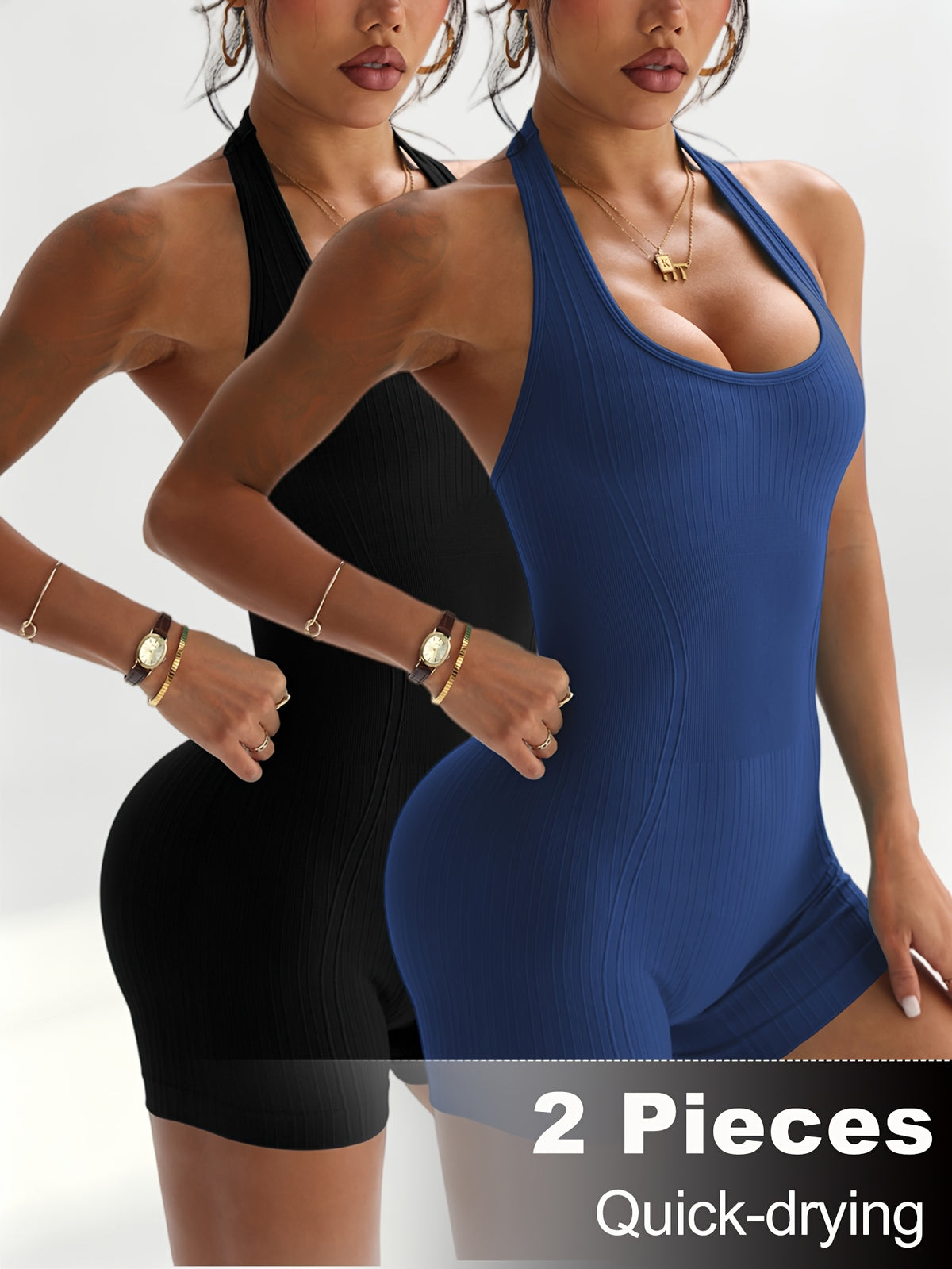 2 Pack Halter Cutout Back Romper - Black+Navy