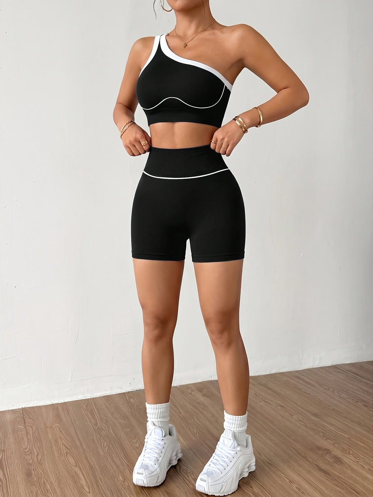 One Shoulder Bra & Shorts Set - Black