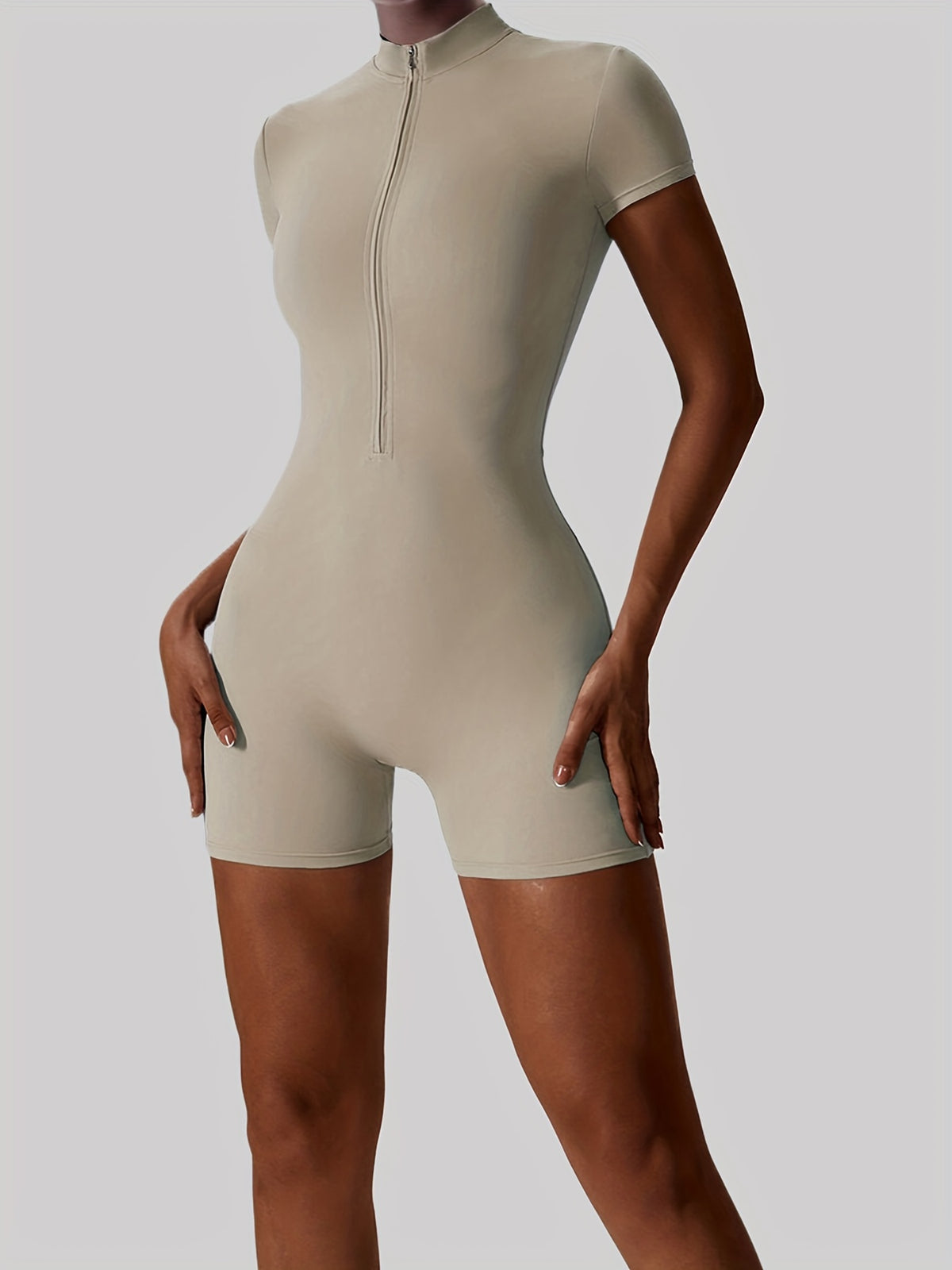 Short Sleeve Zip Front Shorts Bodysuit - Light Grey