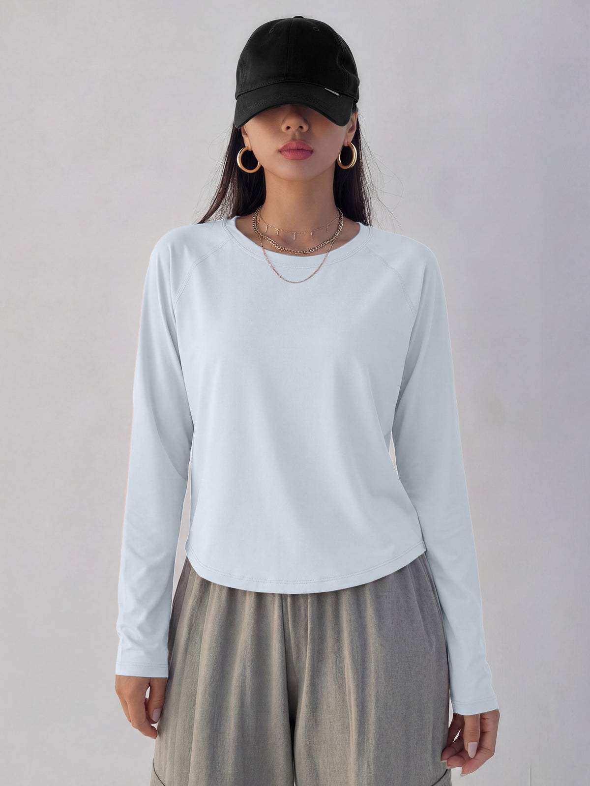Mesh Back Panel Long Sleeve Top - Light Blue