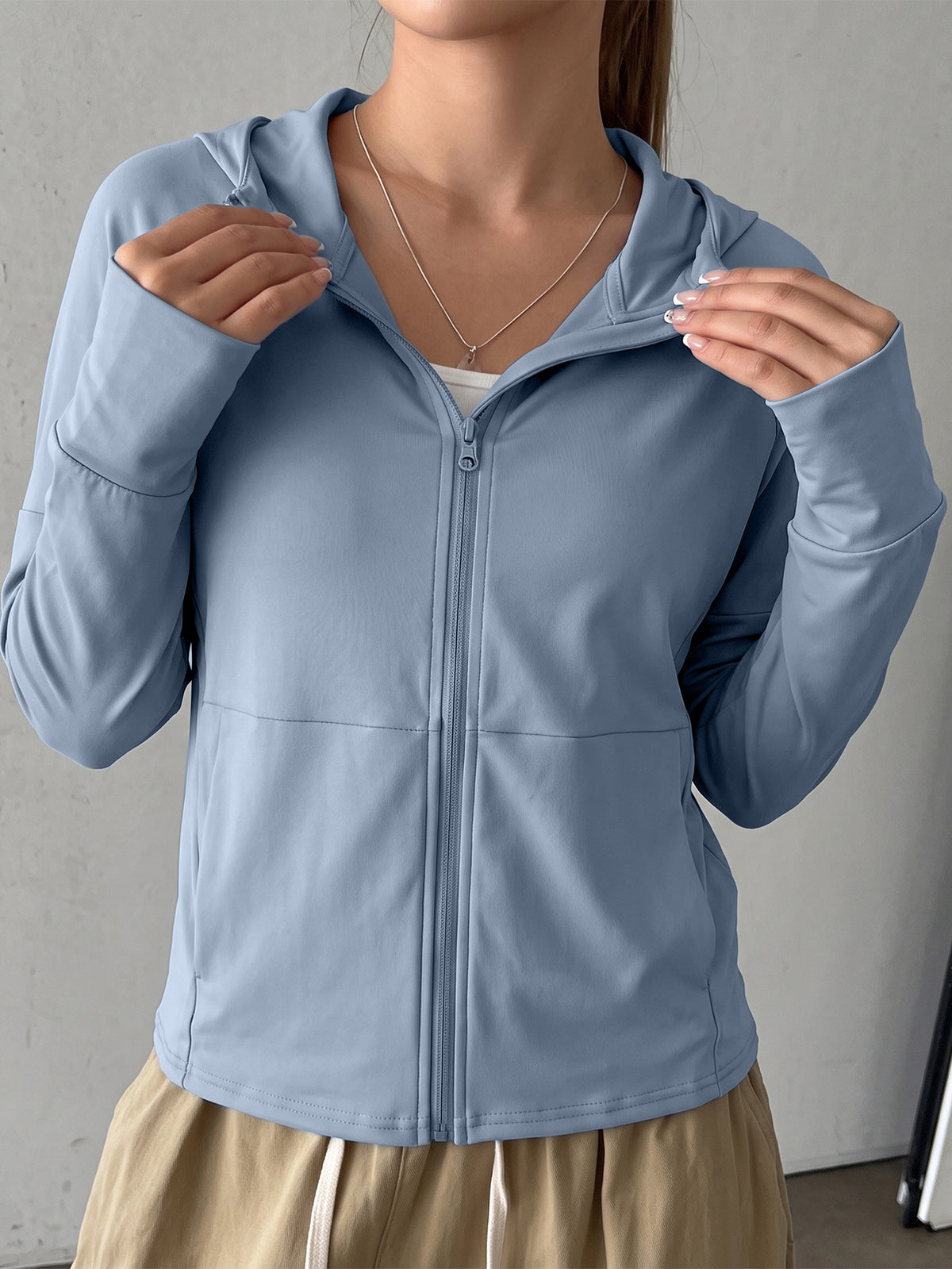Longline Hooded Thumb Loop Jacket - Lake Blue