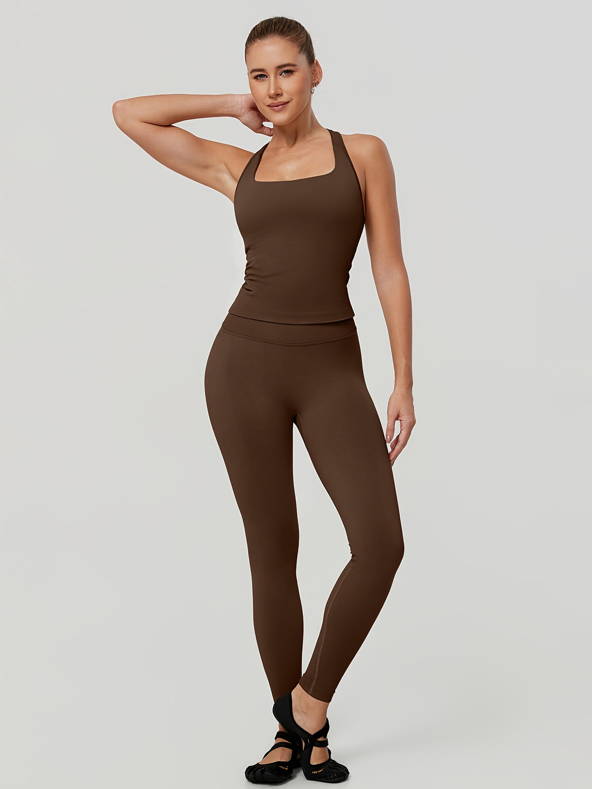 Square Neck Halter Tank & Leggings Set - Mocha Brown