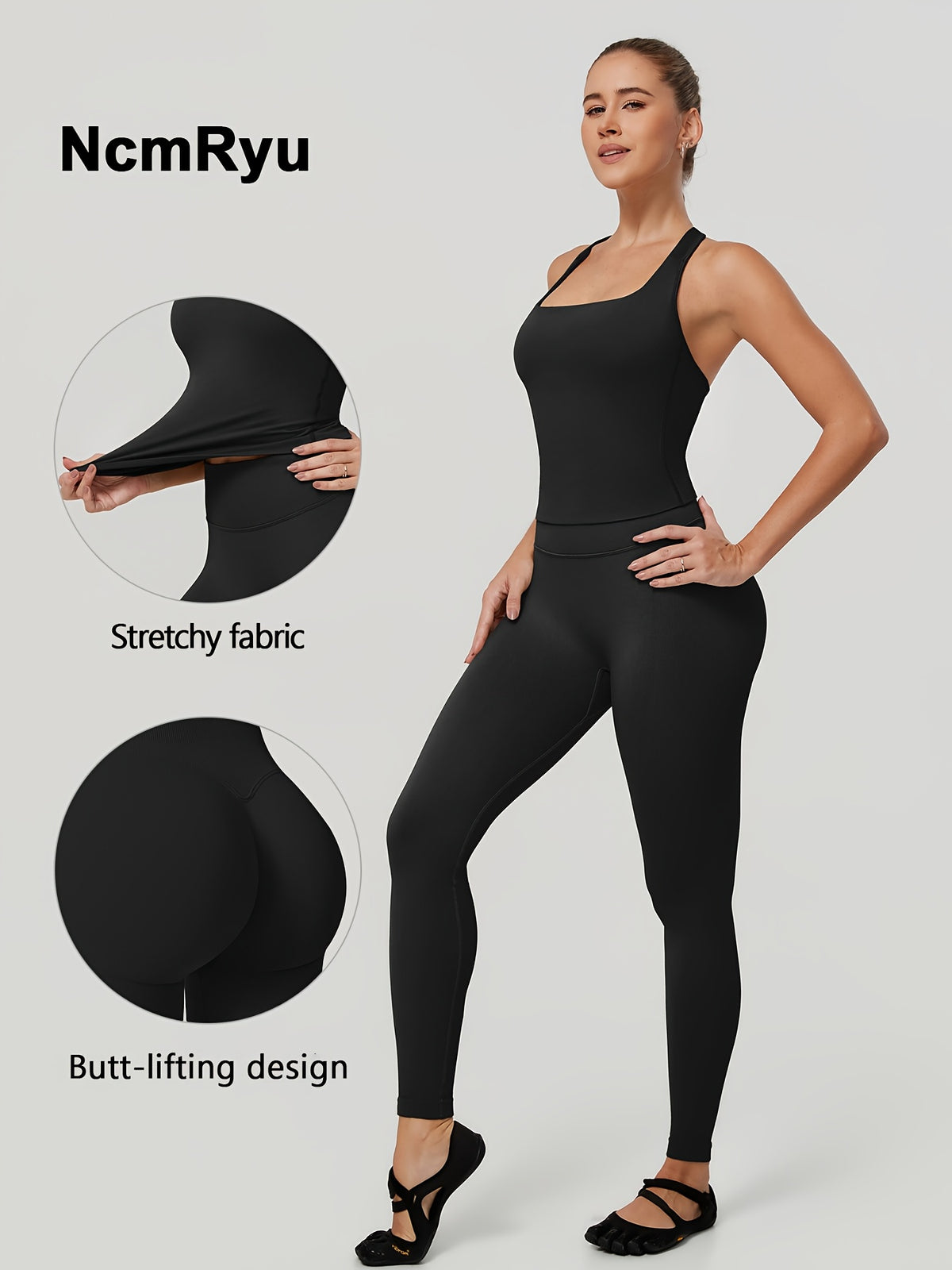 Square Neck Halter Tank & Leggings Set - Black