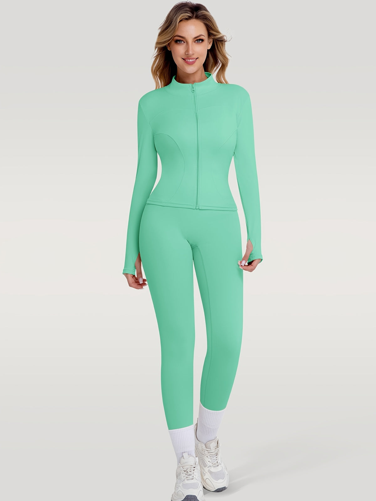 Figure Hugging Jacket & Pants Set - Mint Green