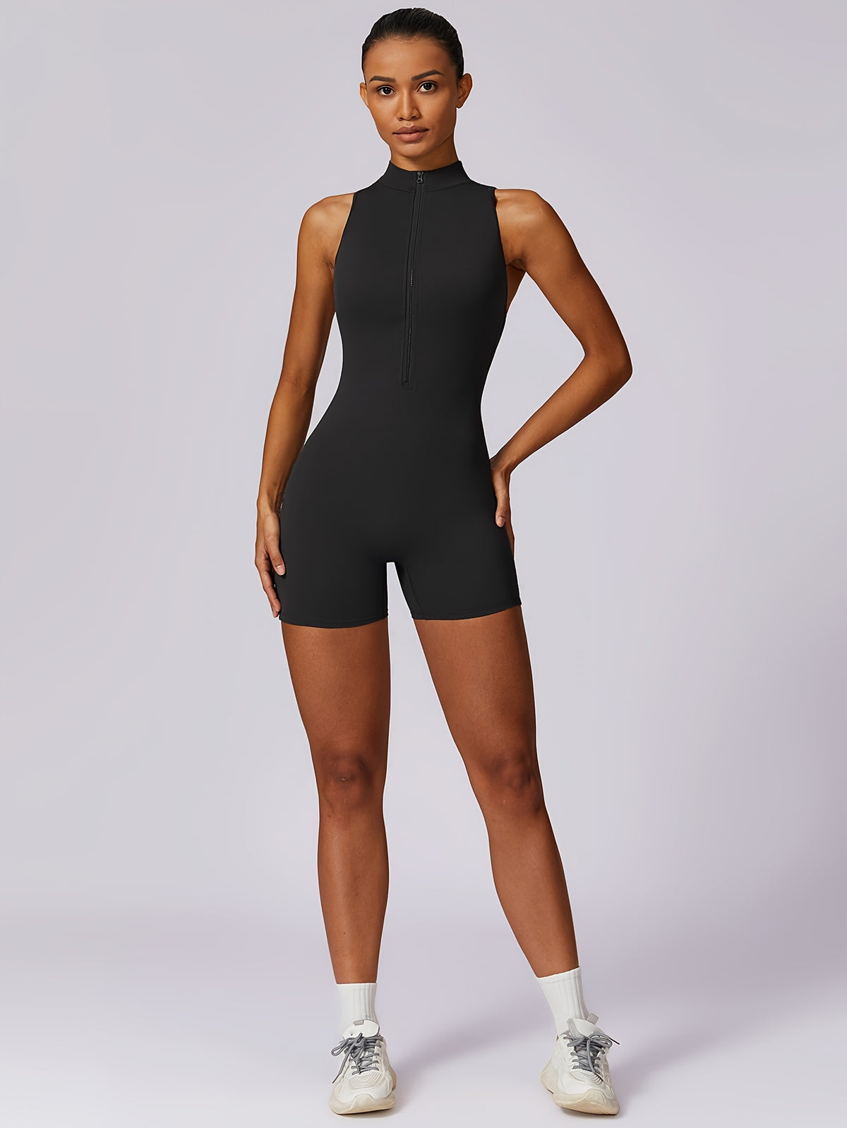 Zip Front Short Yoga Jumpsuit - Black