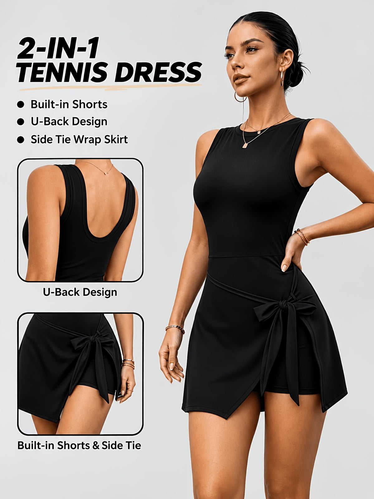 2-in-1 Side Tie Wrap Tennis Dress - Black