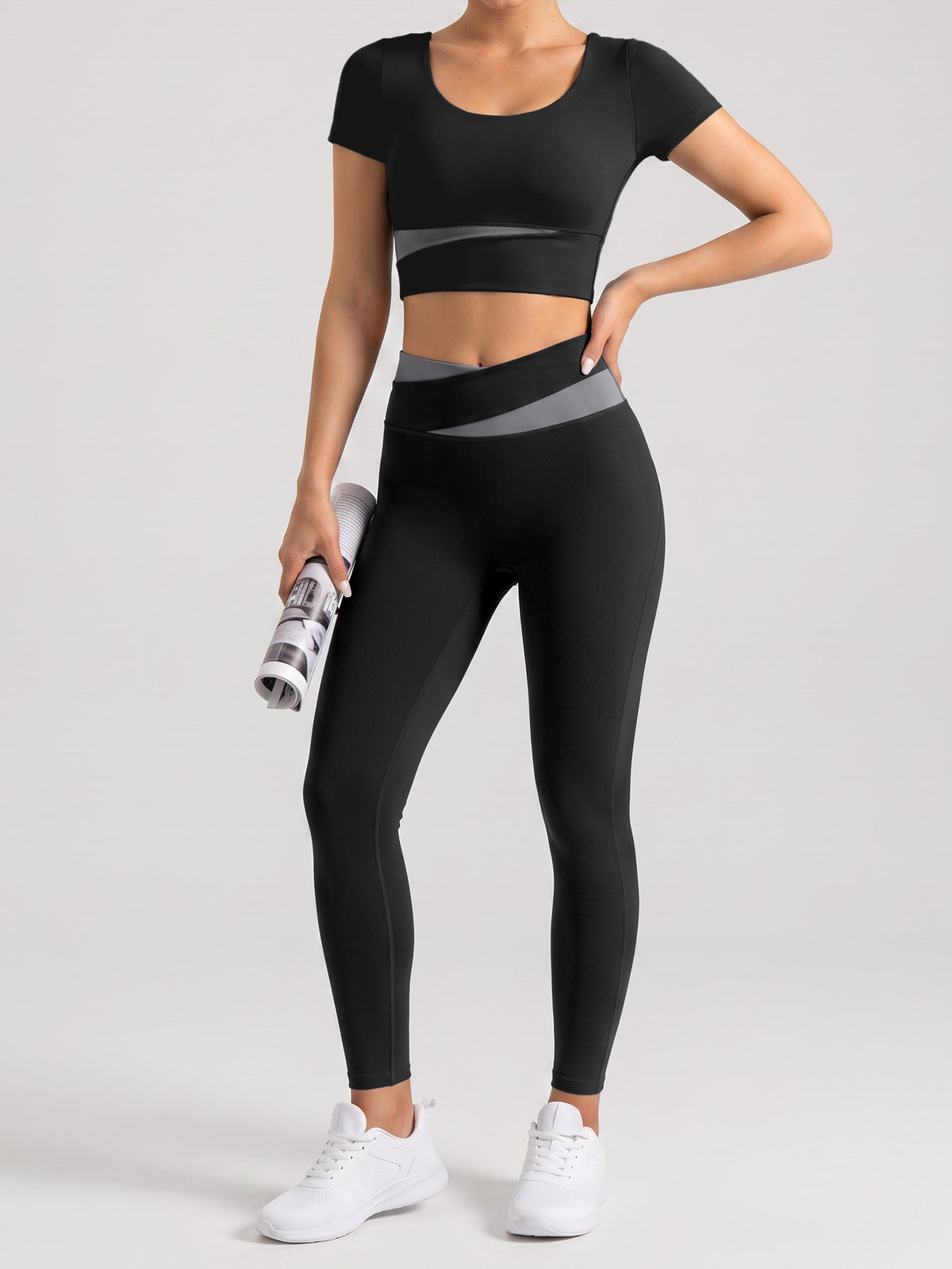 Contrast Tee & High Waist Leggings Set - Black