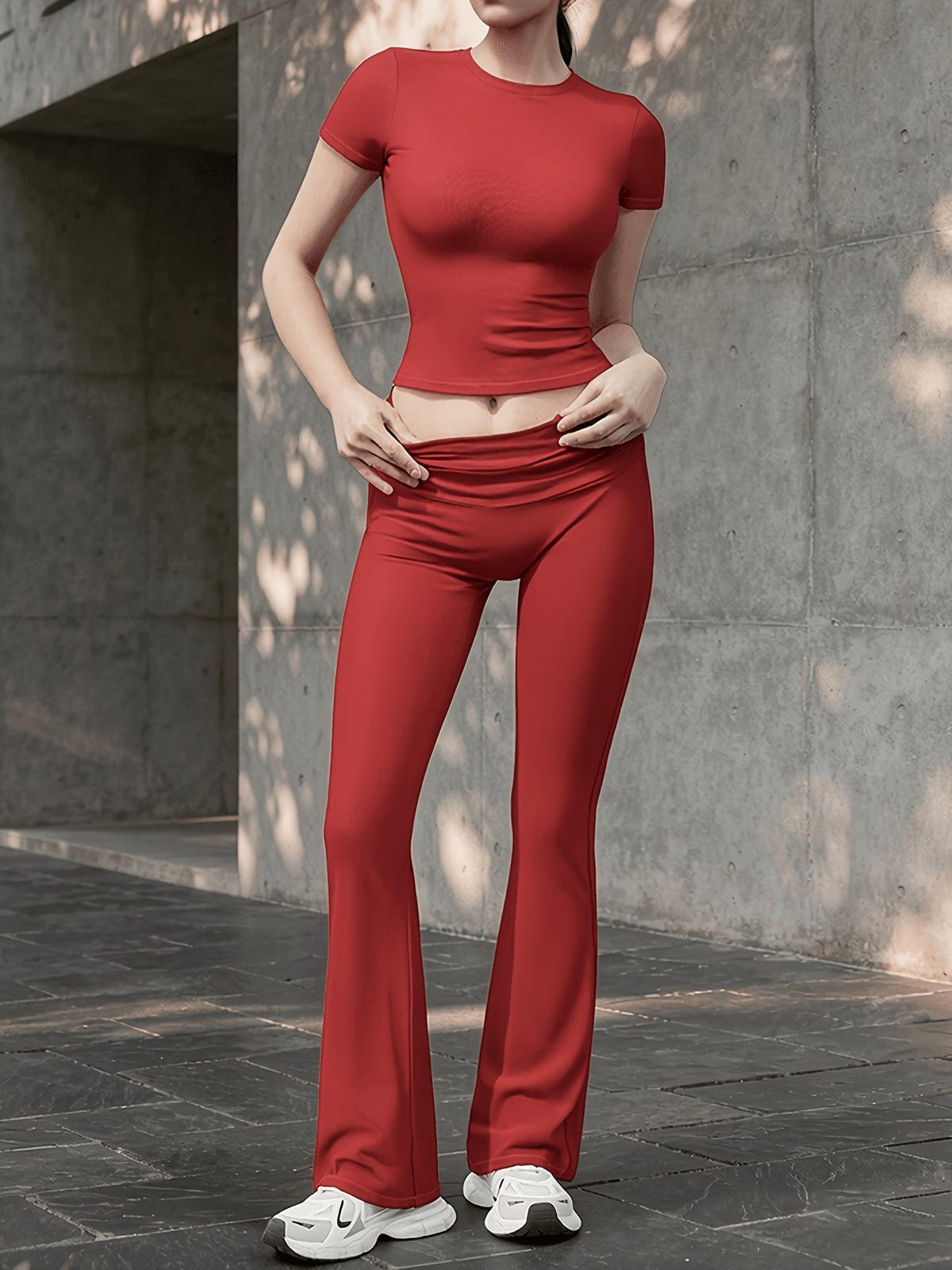 Short Sleeve Crop Top & Wide Leg Pilates Set - Red