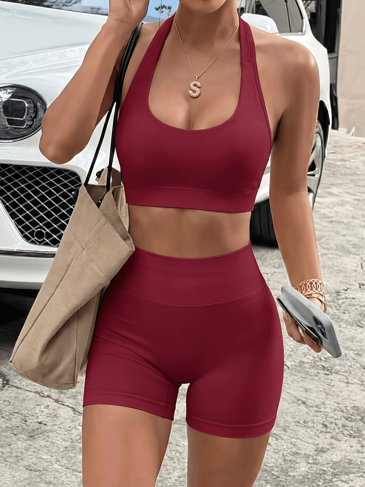Halter U Neck Bra & Shorts Set - Angola Red