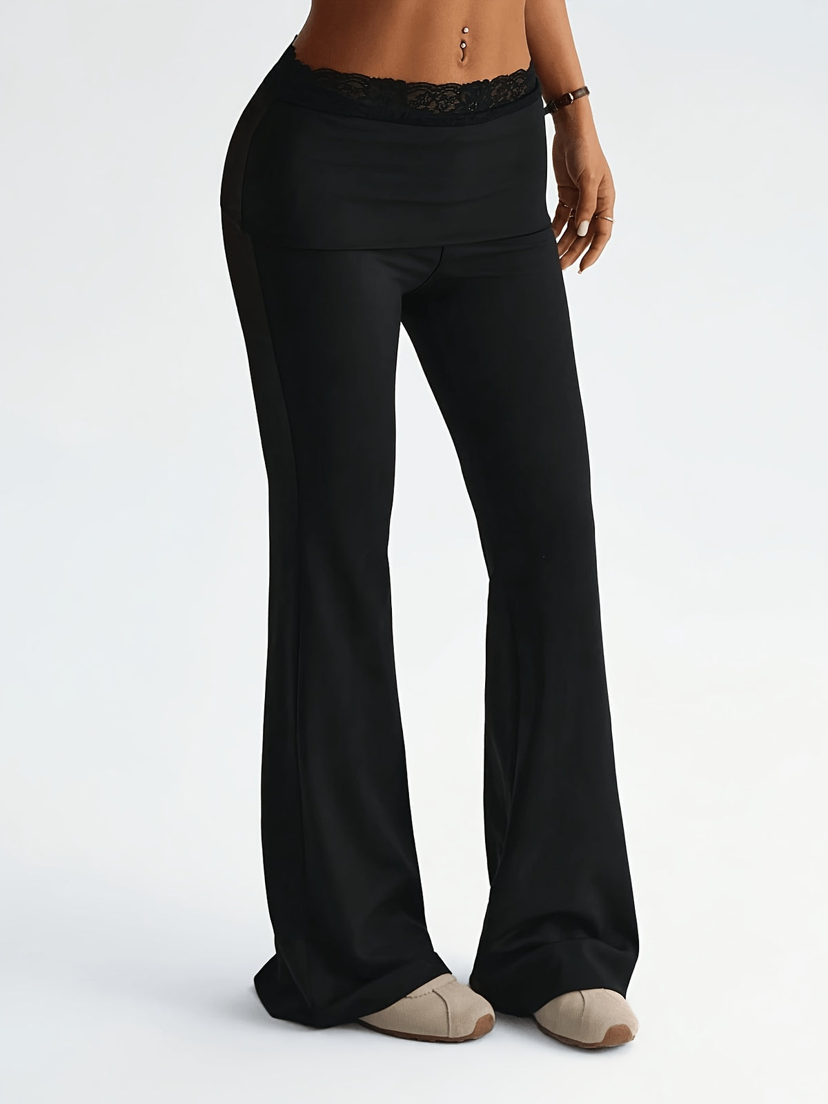 Lace Trim Fold Over Low Rise Flare Pants - Black