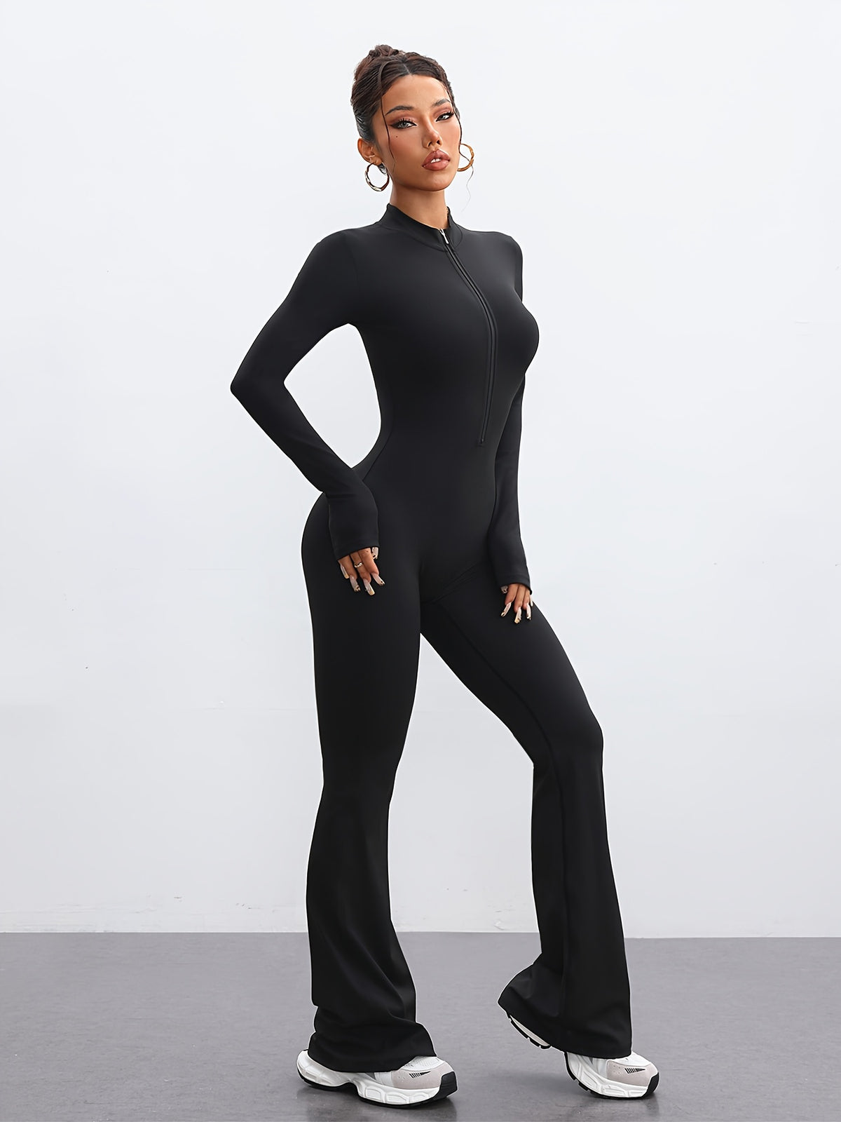 Zip Up Flare Jumpsuit - Black