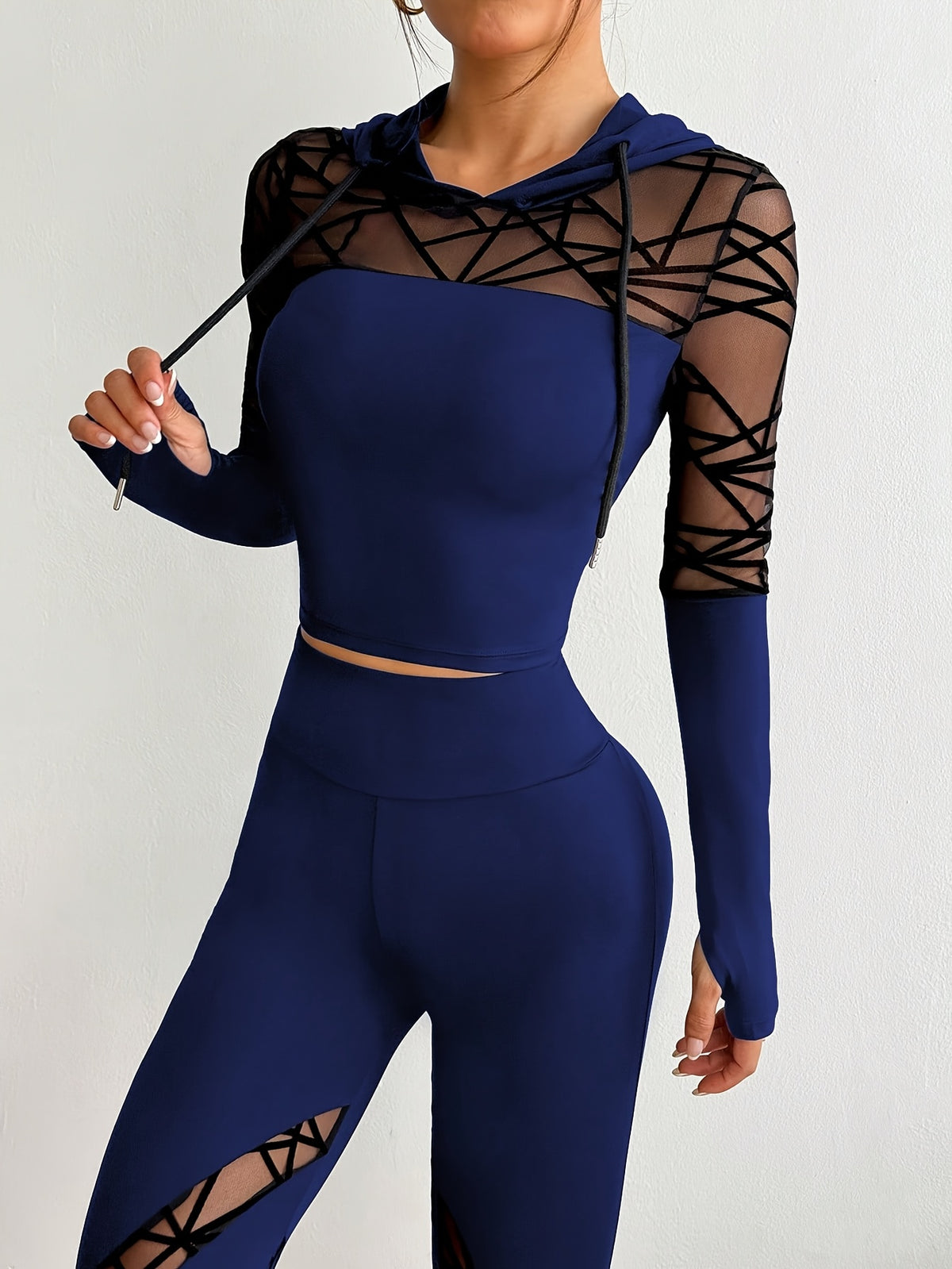 Mesh Panel Thumbhole Hoodie & Leggings Set - Navy Blue
